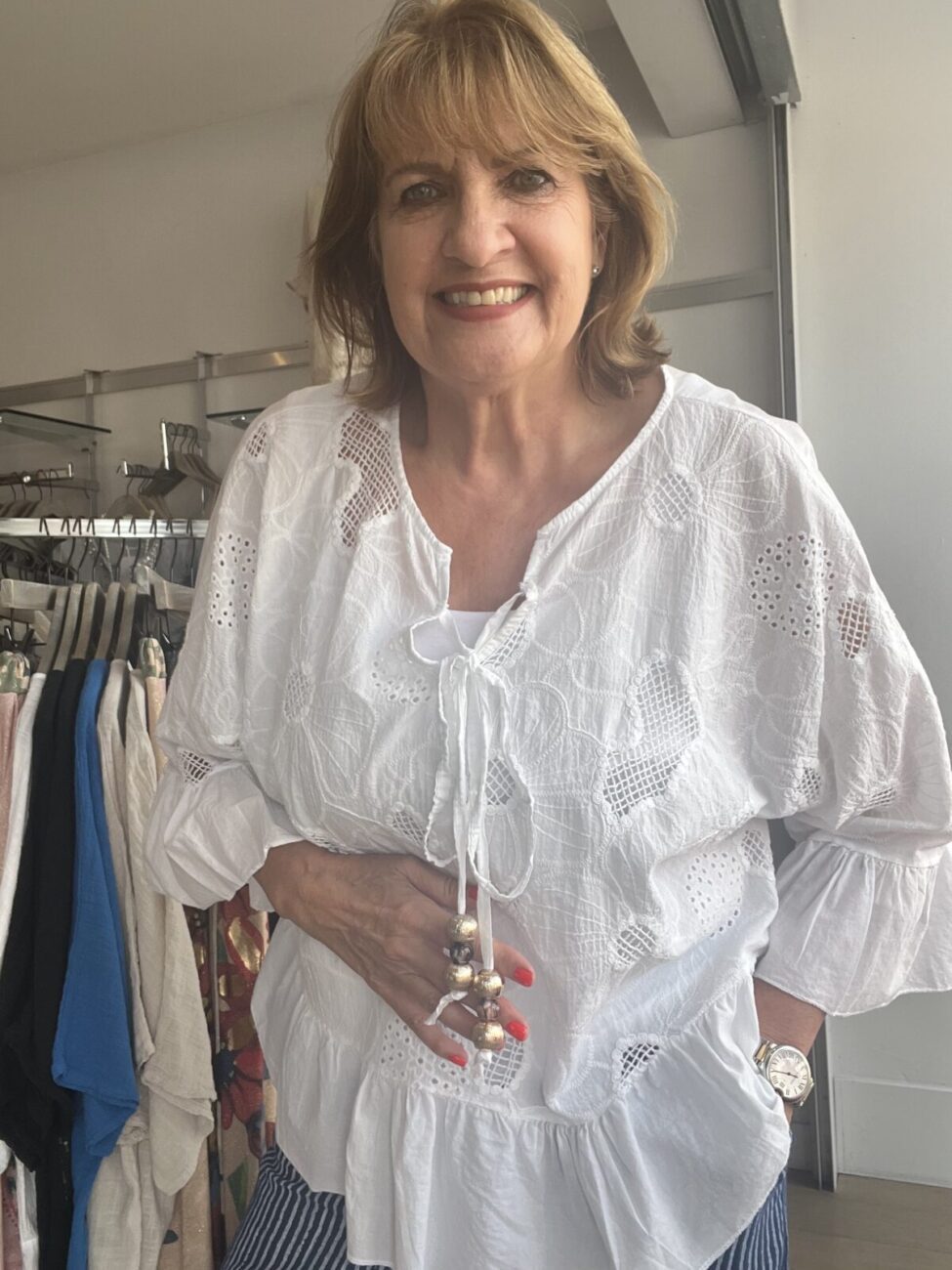 Embroidered Anglais 3/4 Sleeve Top with Ties and Beads image 1
