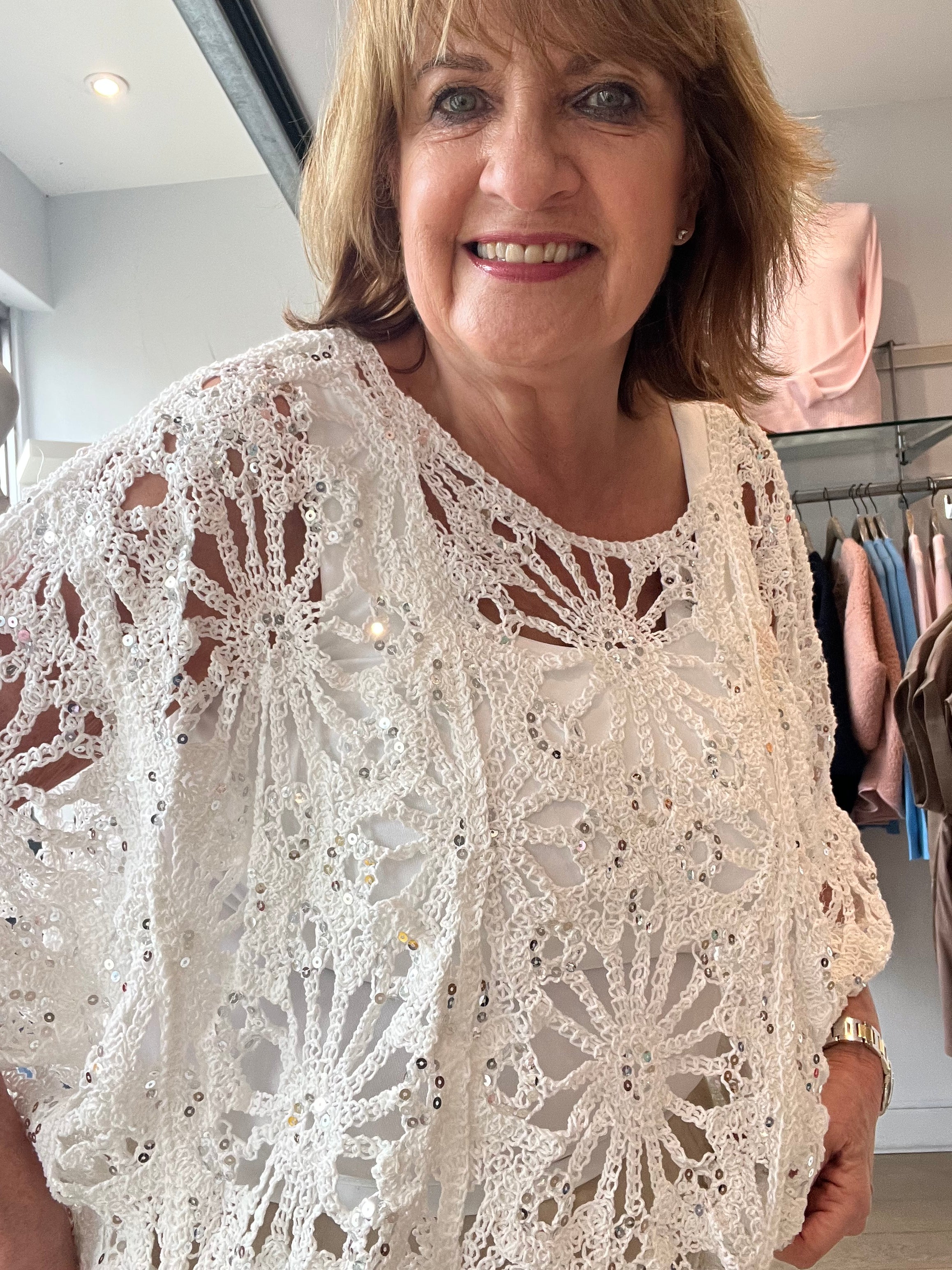 Luna Sequin Crochet Knit Top