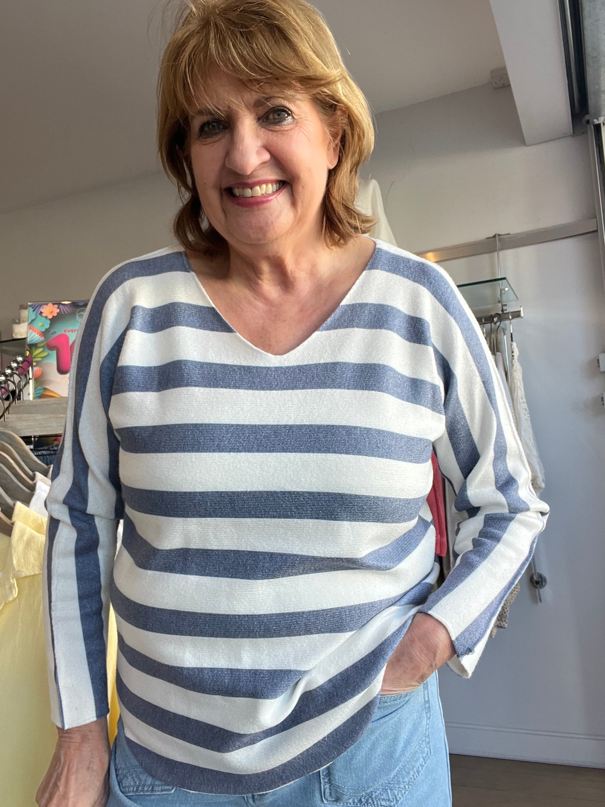 Stacy Stripe V Neck Super soft Knit Top