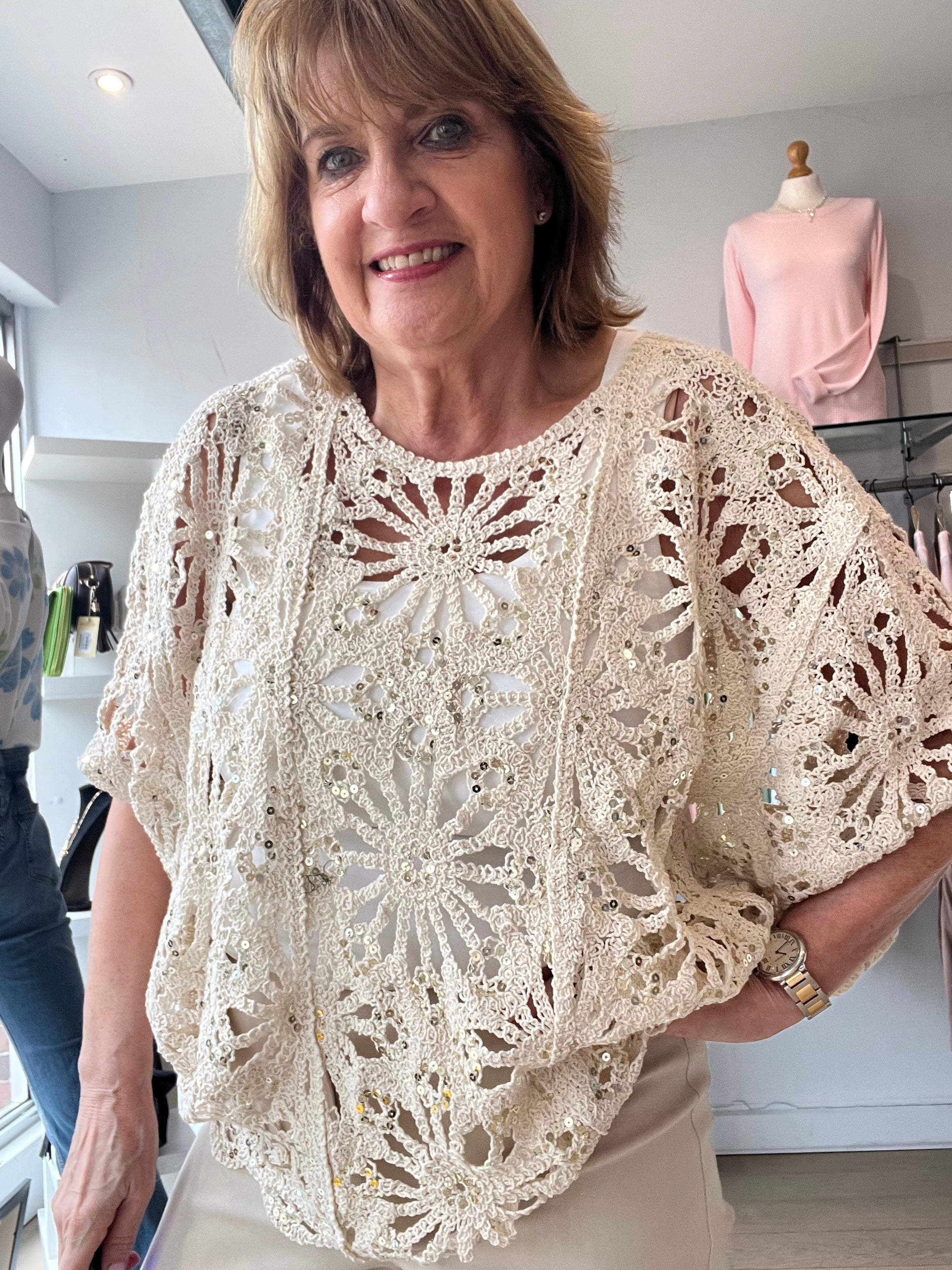 Luna Sequin Crochet Knit Top