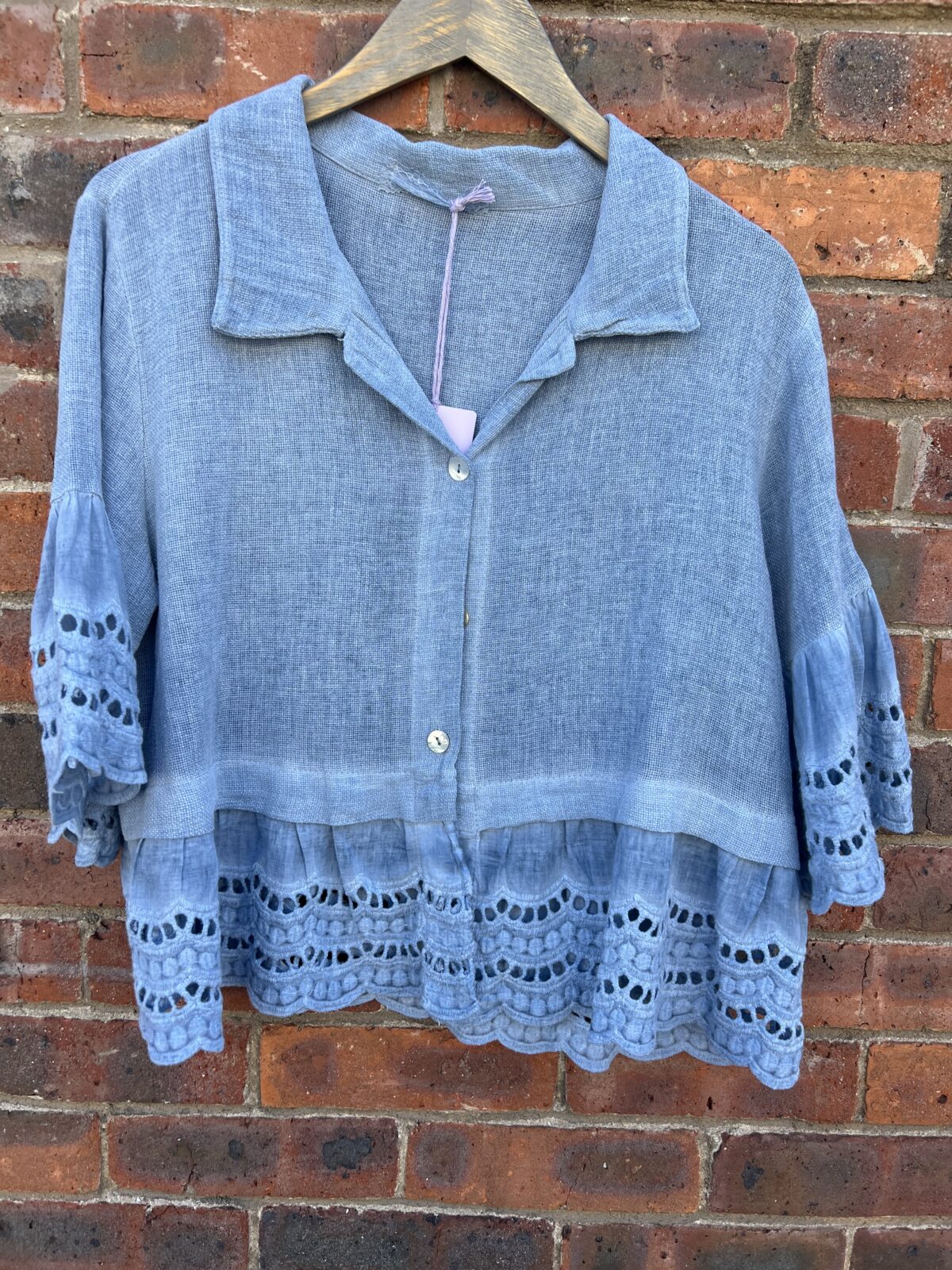 Linen Mix Shirt Style Top with Crochet Trim and Sleeve image 4