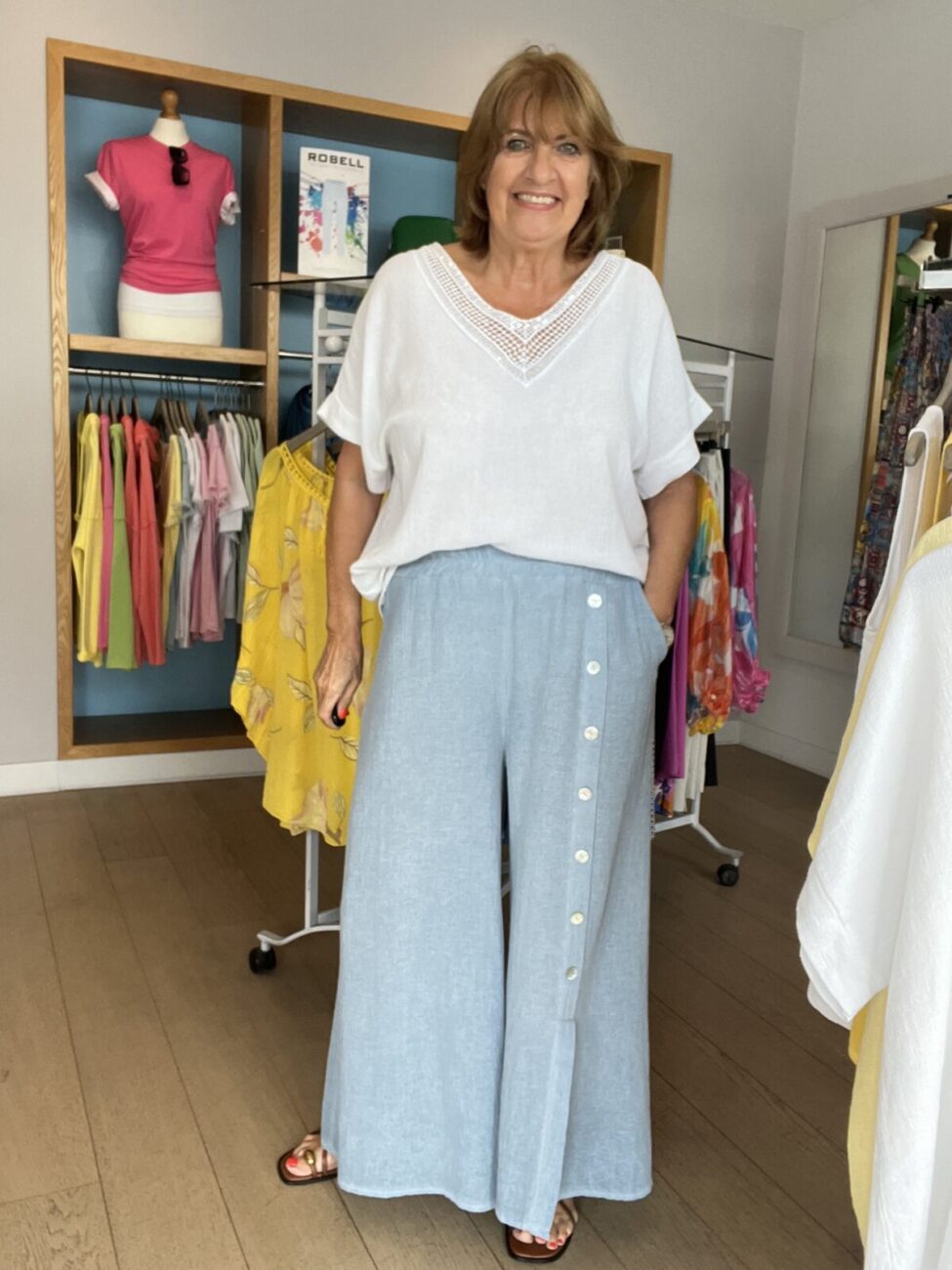 Linen Mix Wide Leg Button Detail Pant - Blue, ONESIZE image