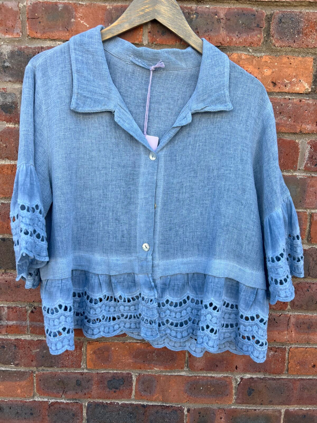 Linen Mix Shirt Style Top with Crochet Trim and Sleeve - Denim Blue, ONESIZE image