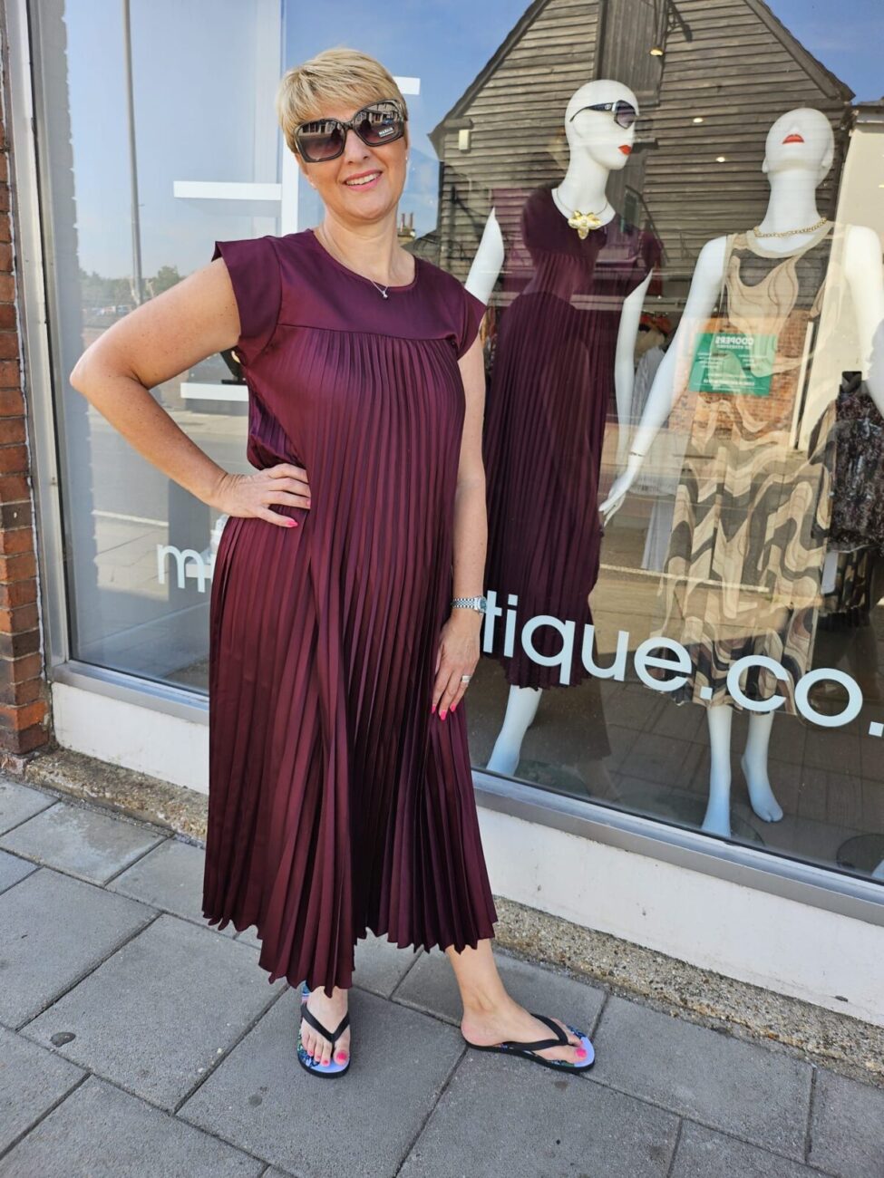 Polly Pleated Satin Midi Swing Dress - CLARET, ONESIZE image