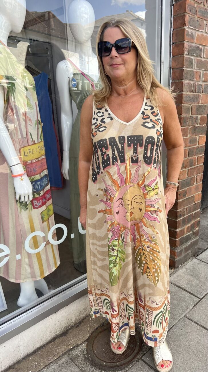 Tropical Sunburst V Lurex Neck Dress image 1
