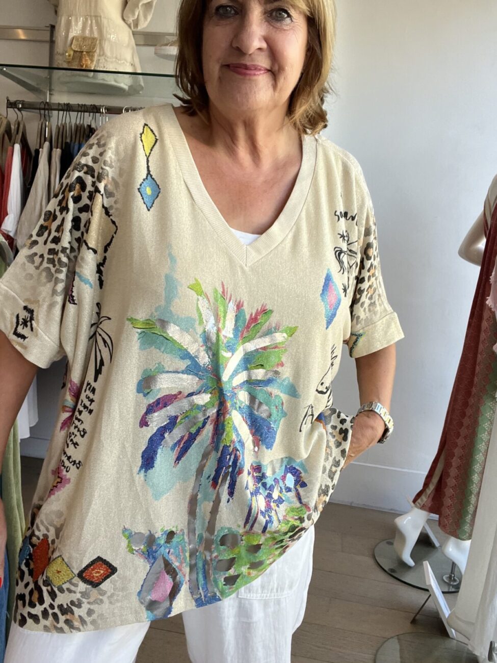 Lurex Jersey Art Printed Oversized V Neck Top image 5