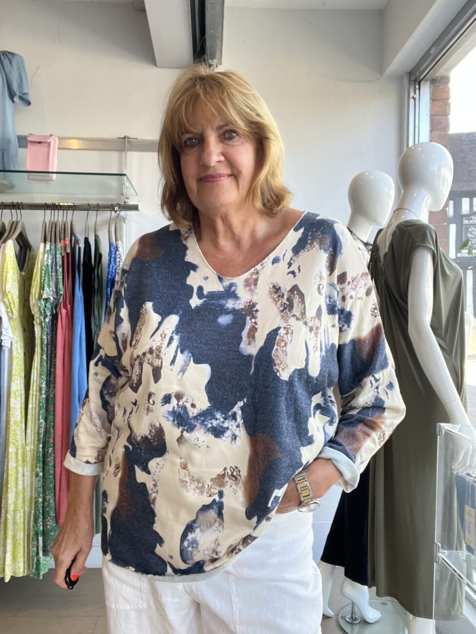 Water Colour Printed Light Knit Top - INDIGO, ONESIZE image