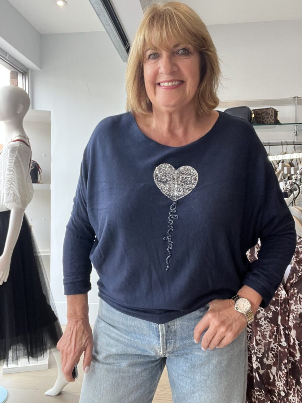 Bestselling Balloon Heart Light Knit Top - Navy, ONESIZE image