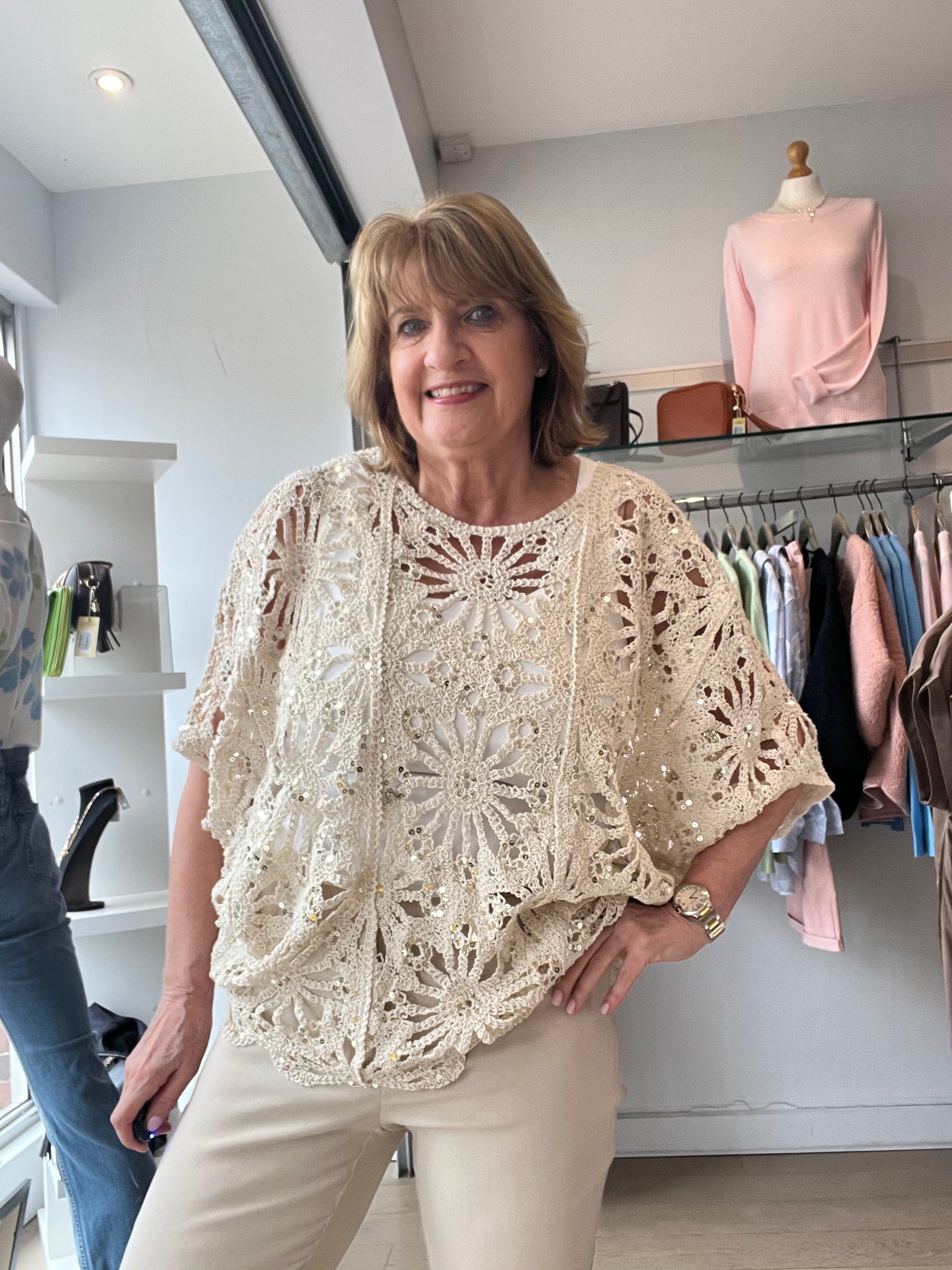 Luna Sequin Crochet Knit Top