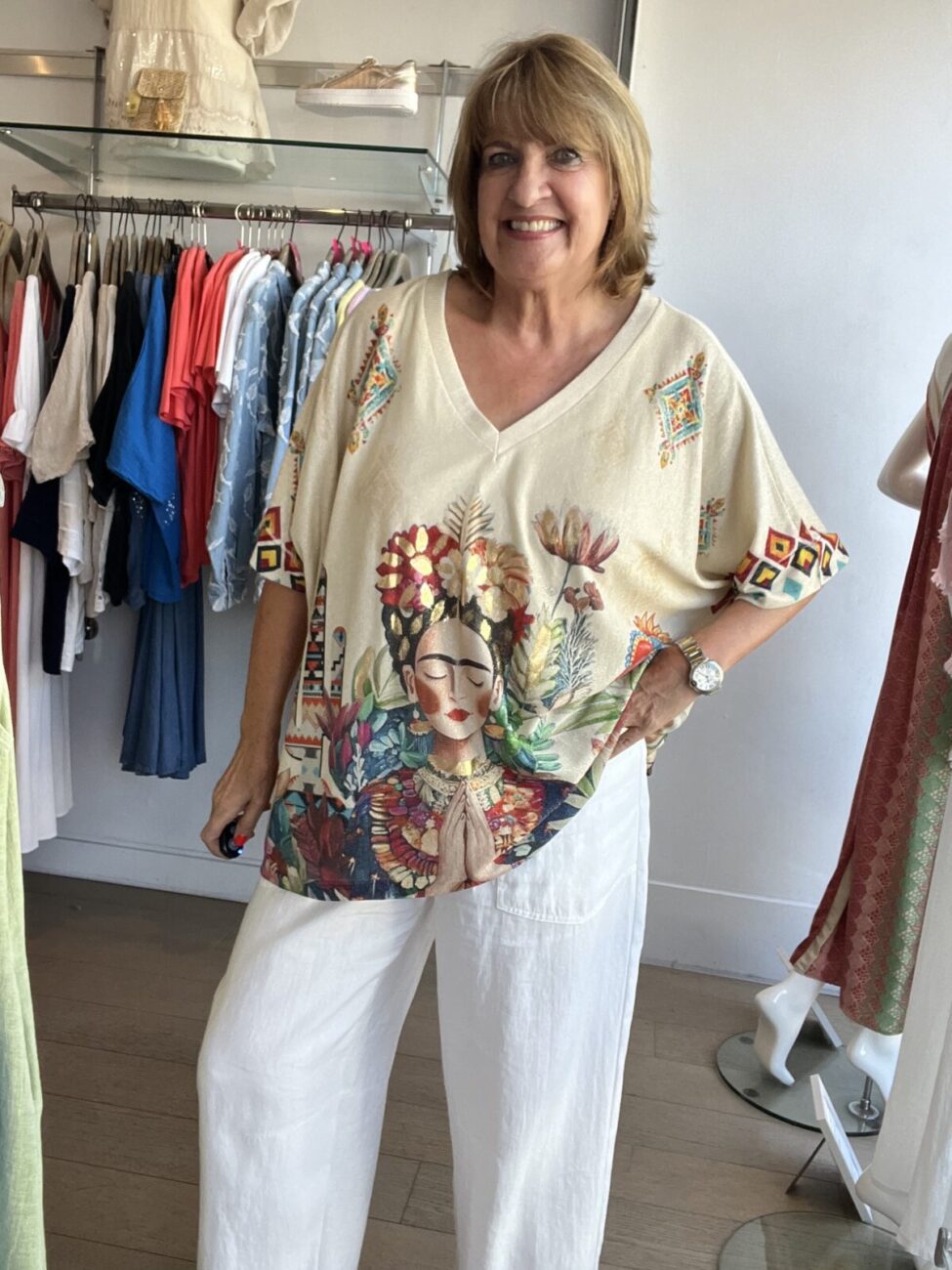 Lurex Jersey Art Printed Oversized V Neck Top image 1
