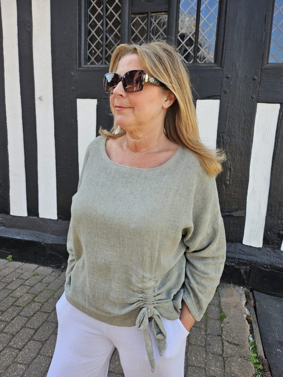 Linen Mix Top with Ruched Detail and 3/4 Sleeves image 5