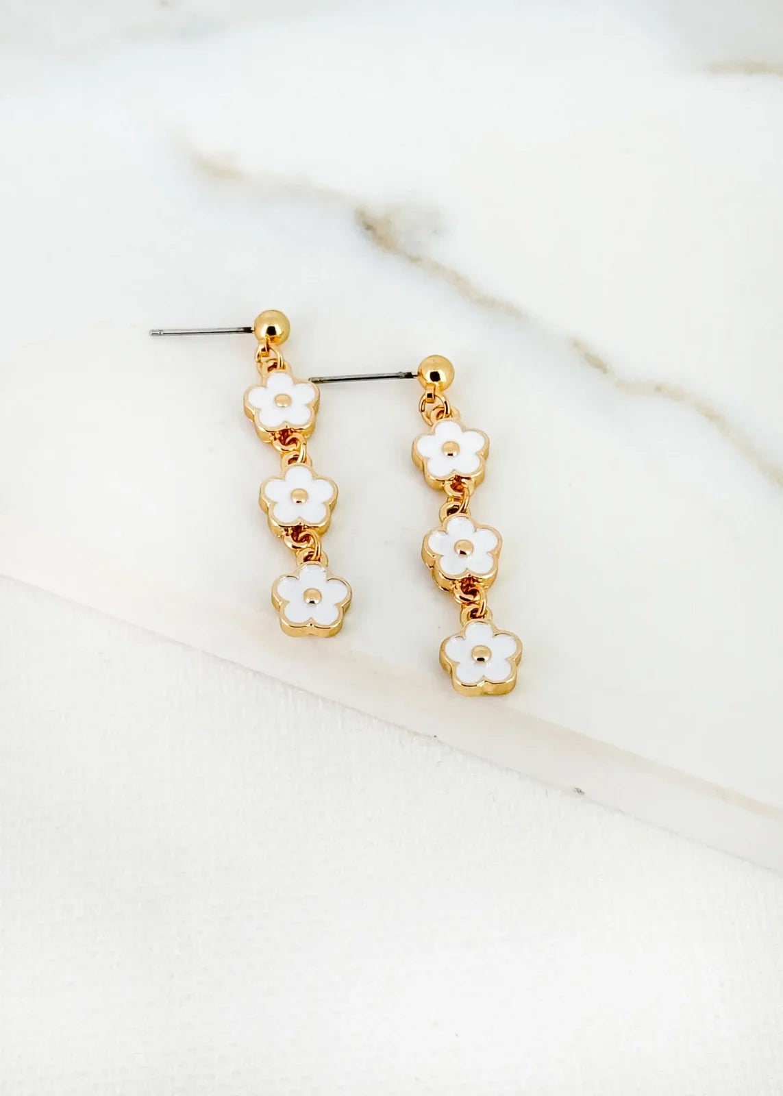 Gold and White Enamel Daisy dropper Earring Envy 4417 image 1