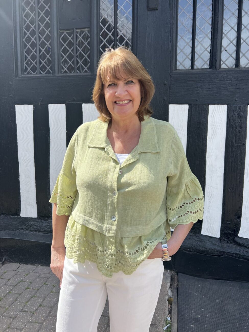 Linen Mix Shirt Style Top with Crochet Trim and Sleeve image 2