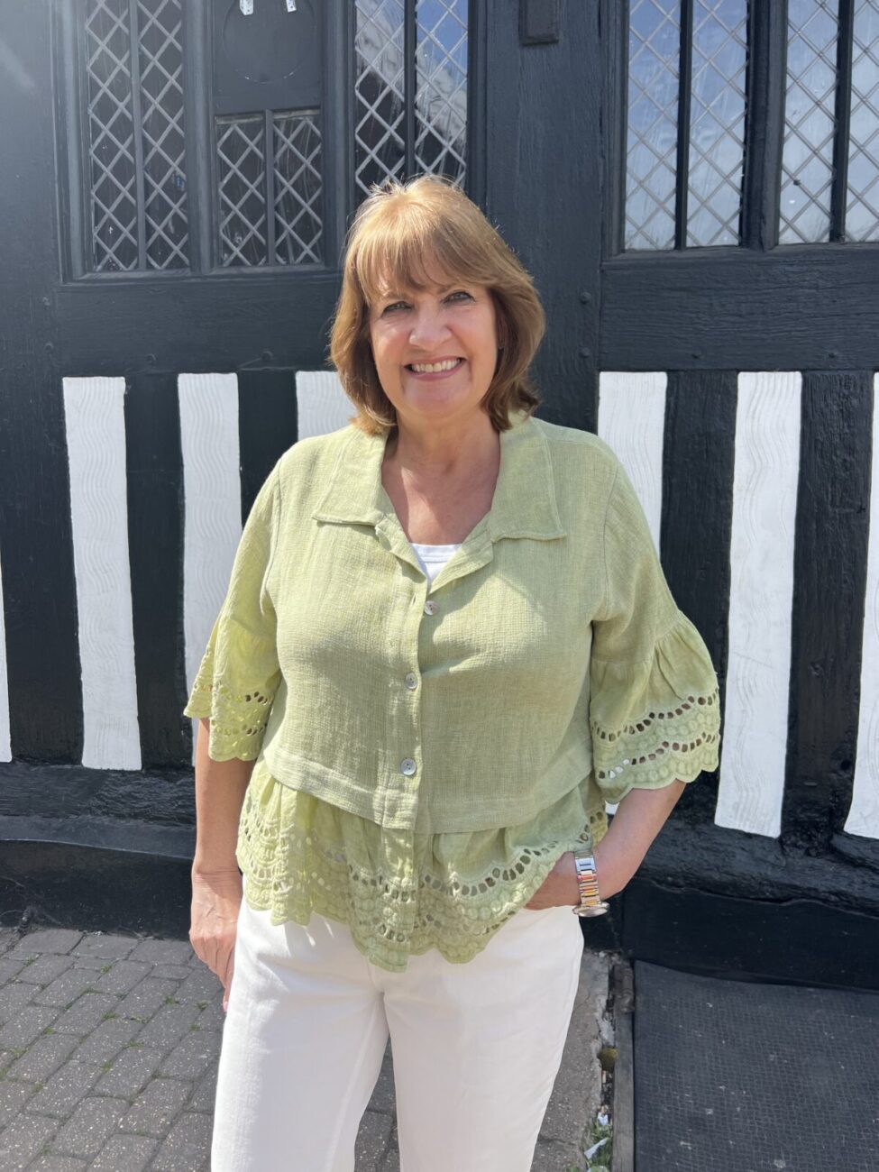 Linen Mix Shirt Style Top with Crochet Trim and Sleeve image 1