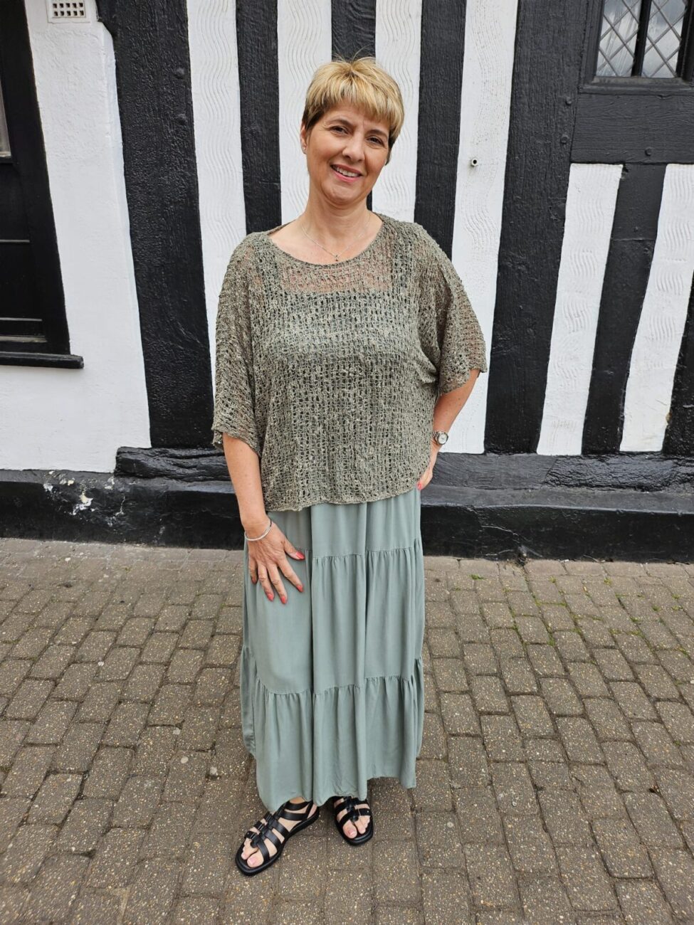 Erin Tiered Maxi Dress with Ruched Bodice - Khaki, ONESIZE image