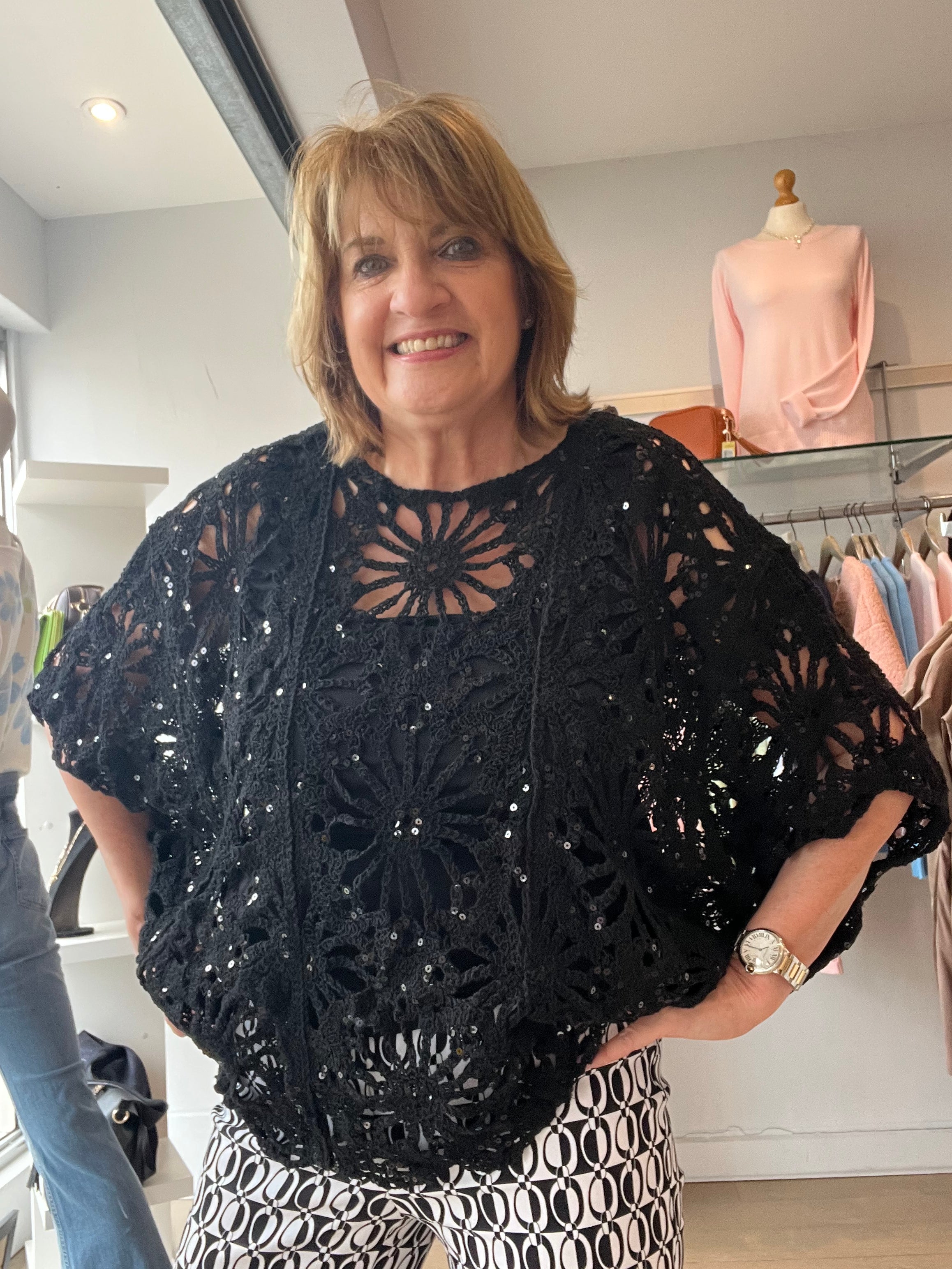 Luna Sequin Crochet Knit Top