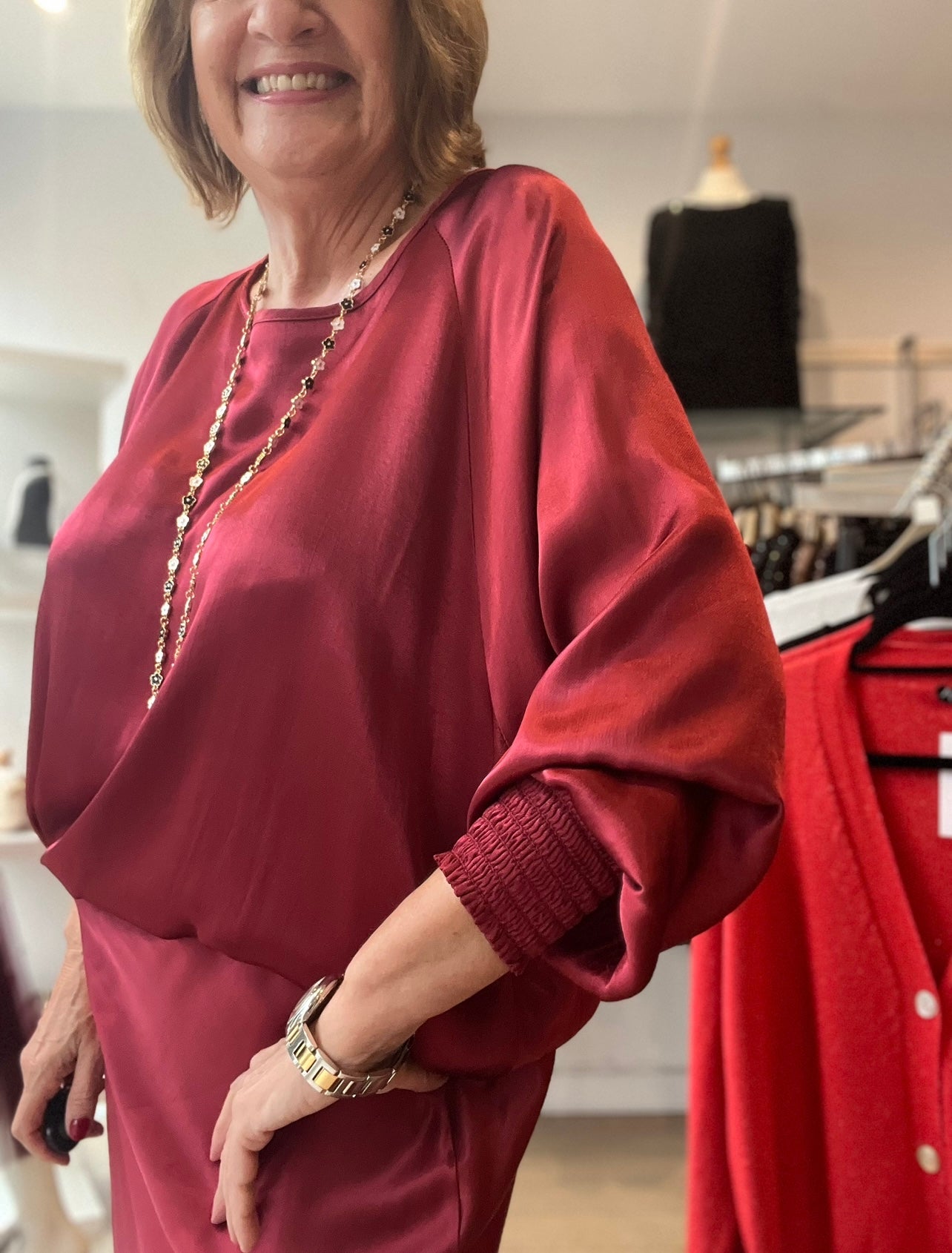 Sasha Satin Sheered Cuff Top