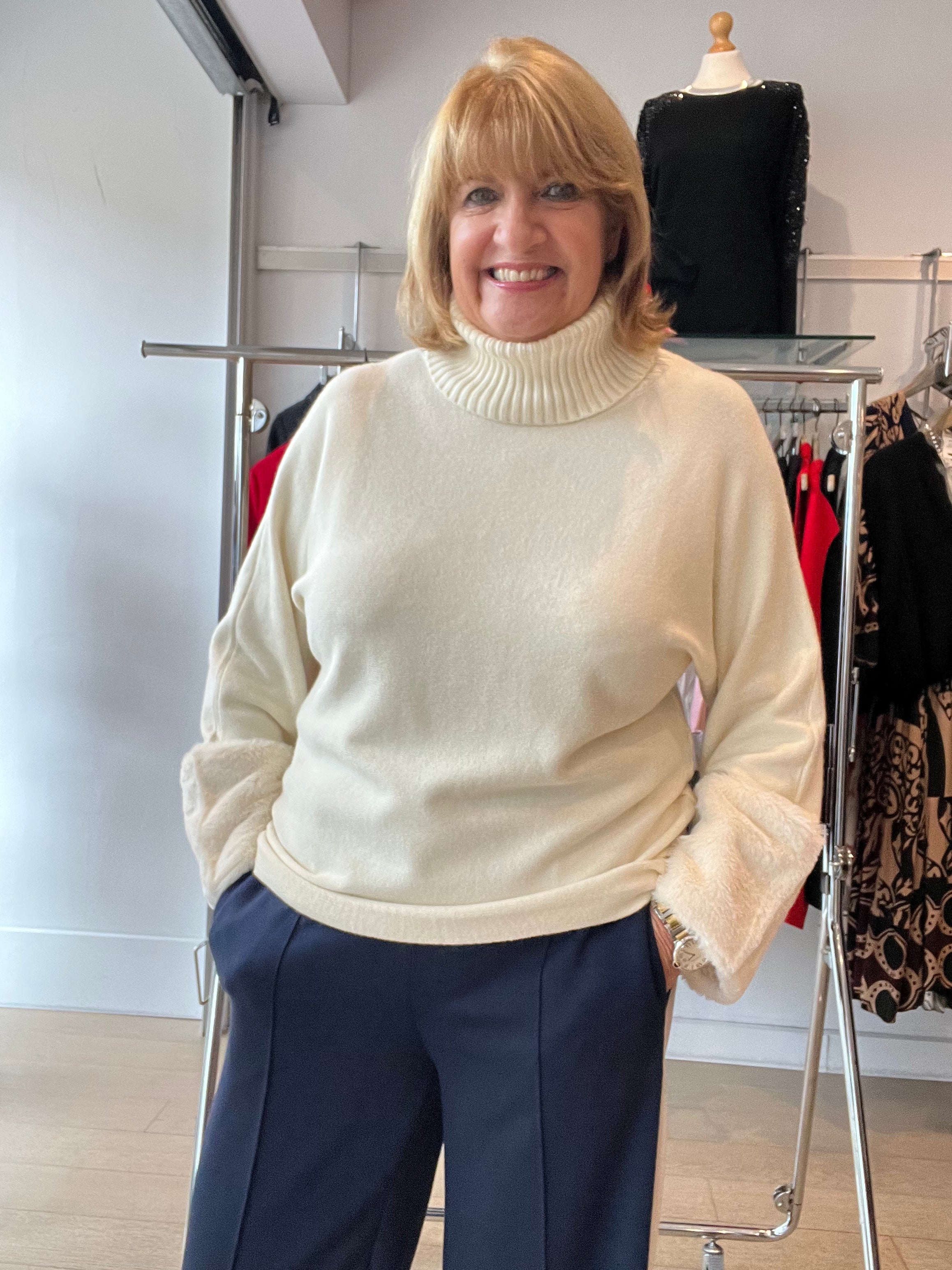 Fur Sleeve Knit with Rib Neck