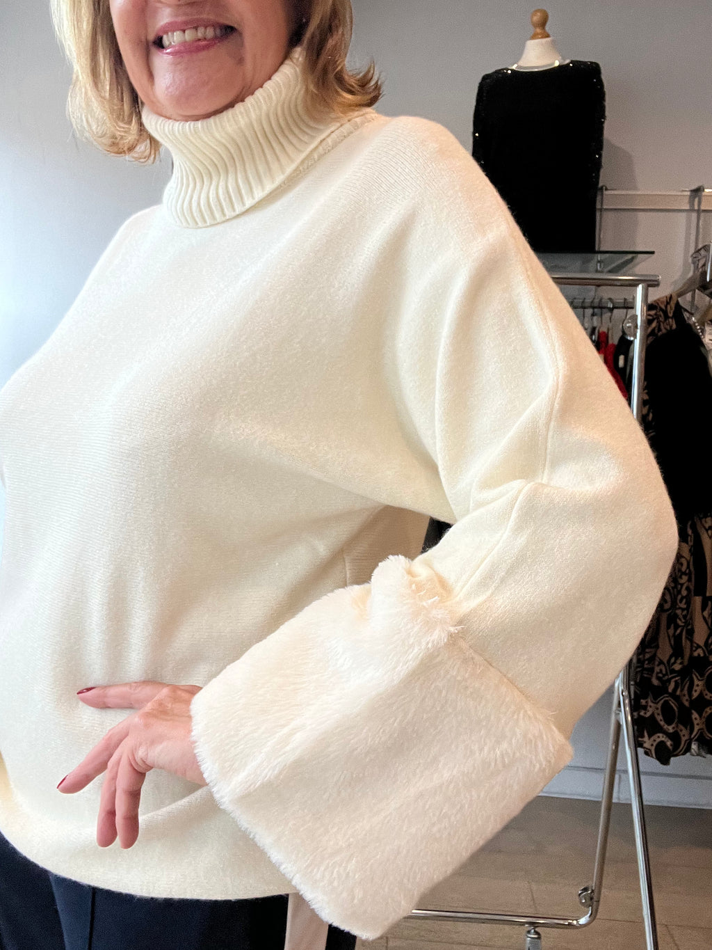 Fur Sleeve Knit with Rib Neck