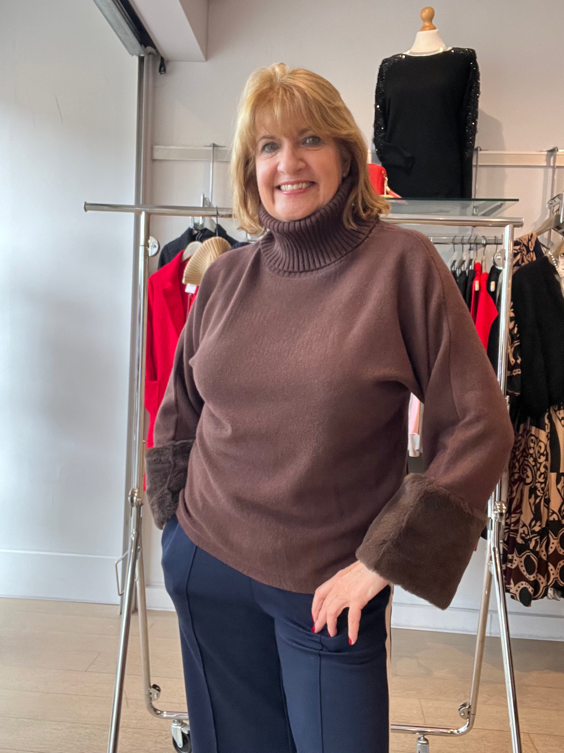Fur Sleeve Knit with Rib Neck