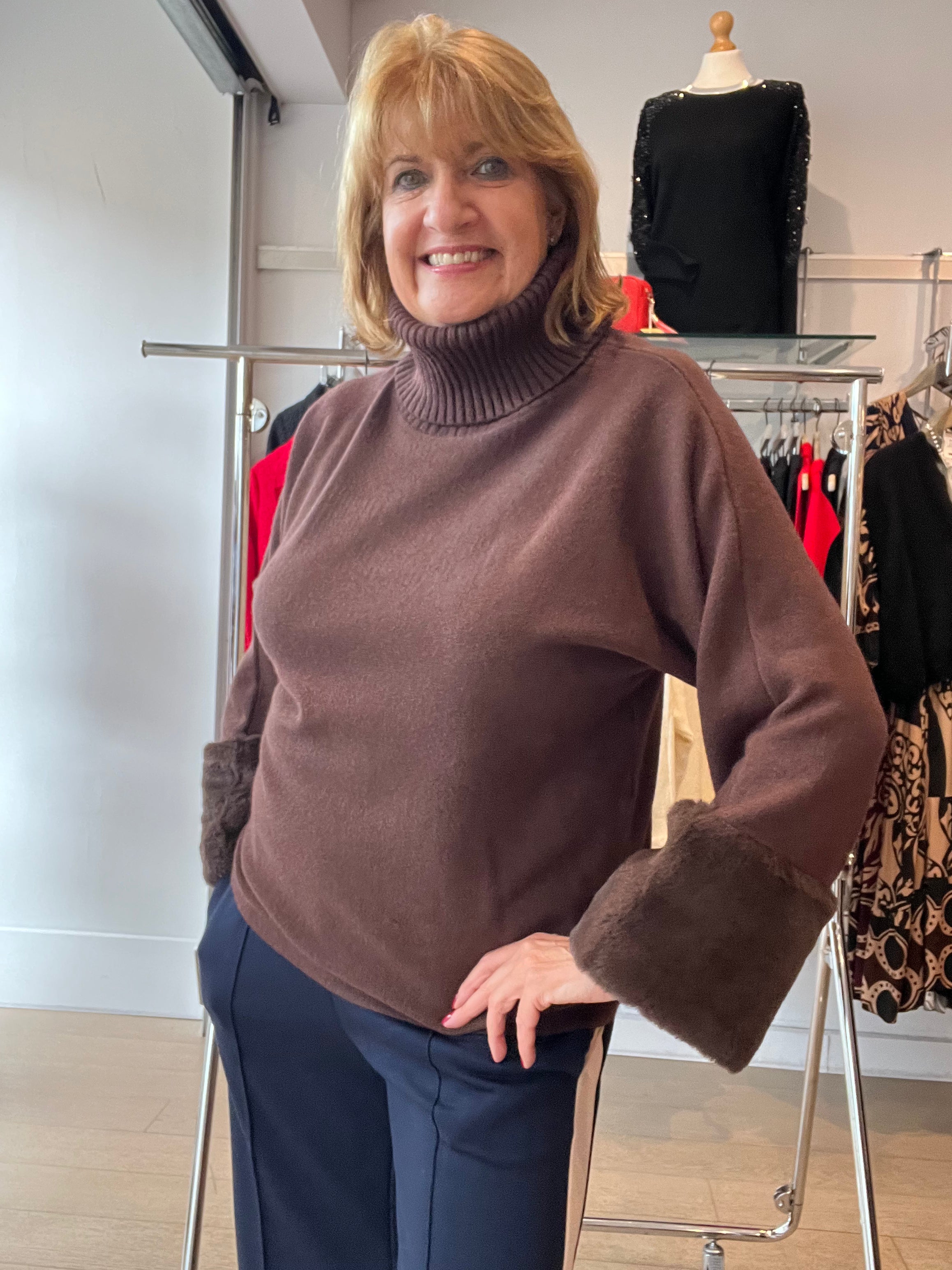 Fur Sleeve Knit with Rib Neck