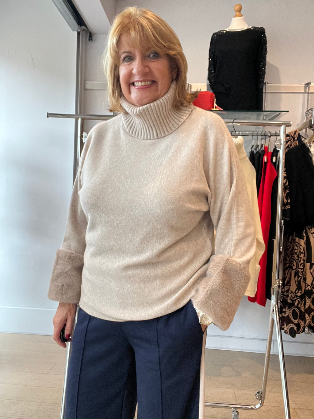 Fur Sleeve Knit with Rib Neck