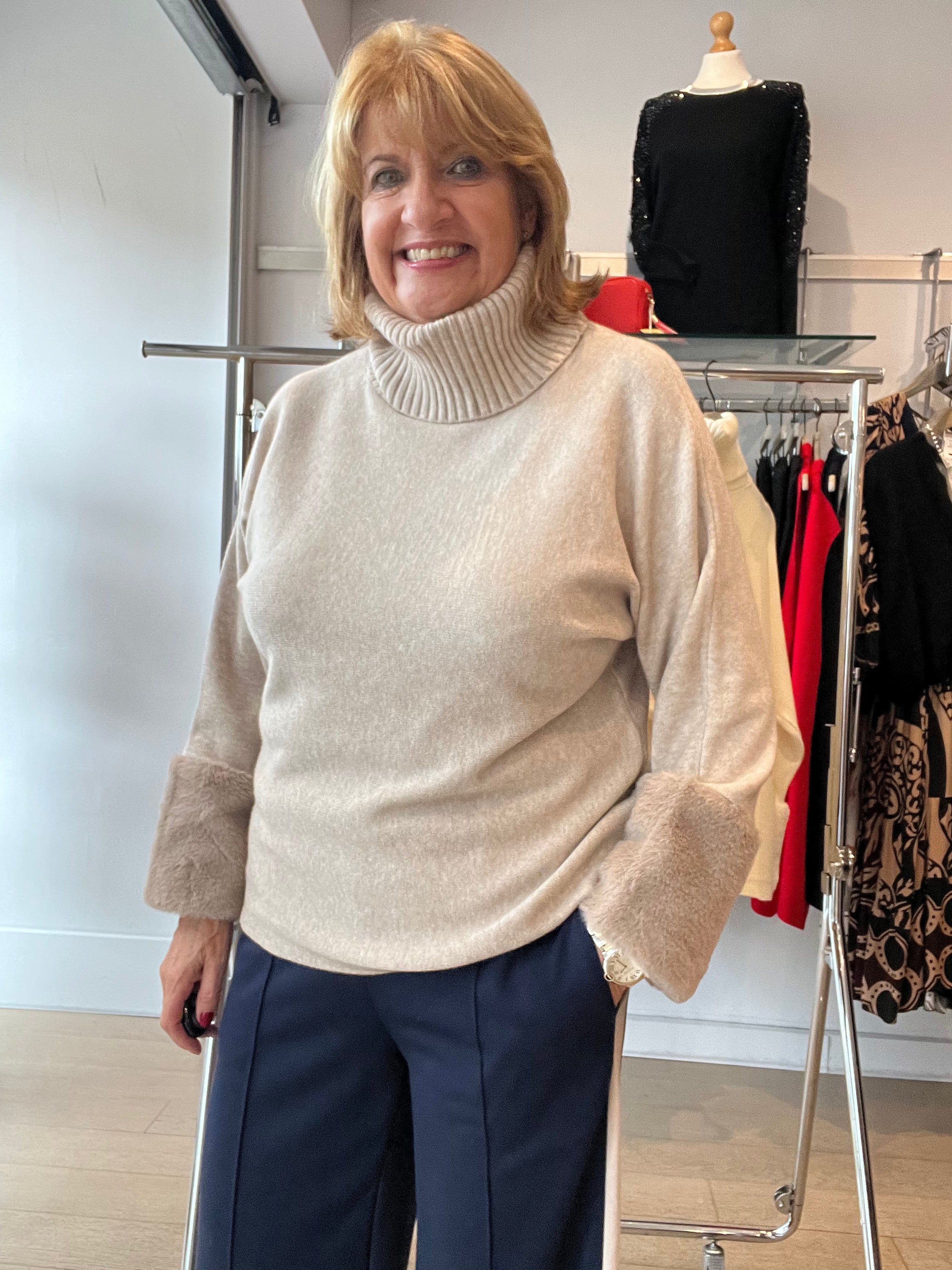 Fur Sleeve Knit with Rib Neck