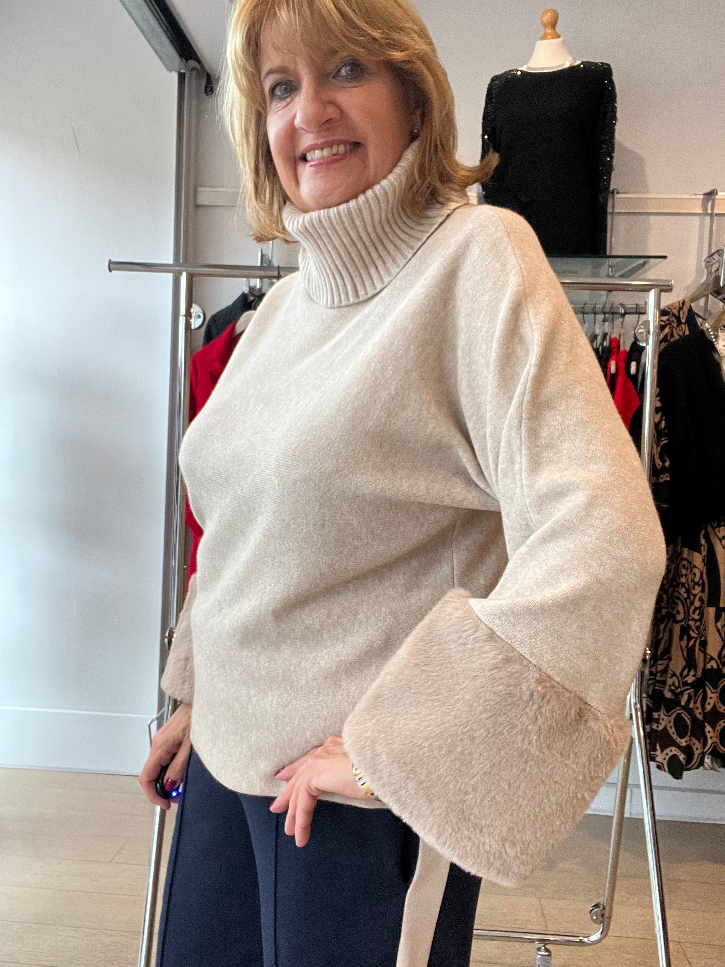 Fur Sleeve Knit with Rib Neck