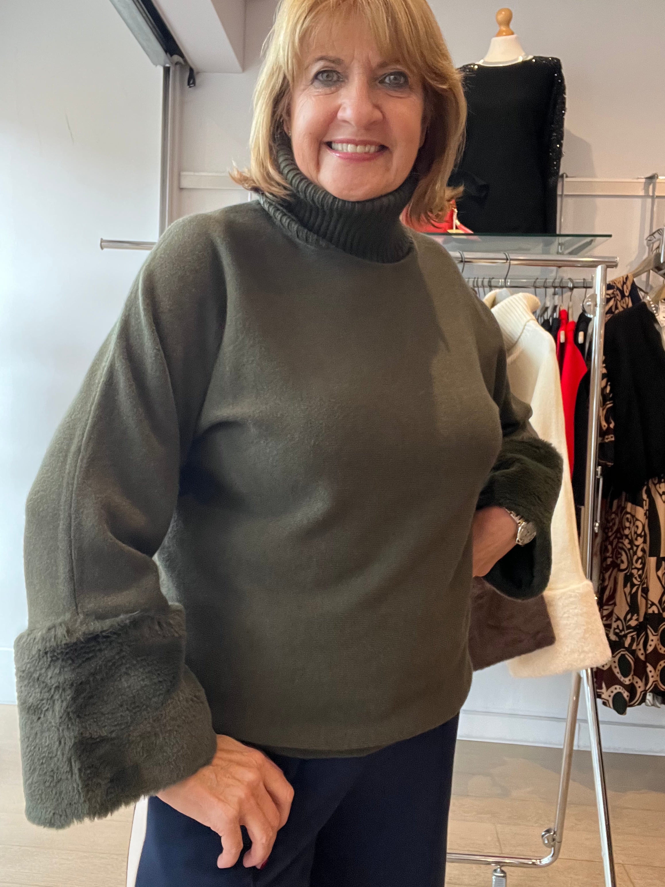 Fur Sleeve Knit with Rib Neck