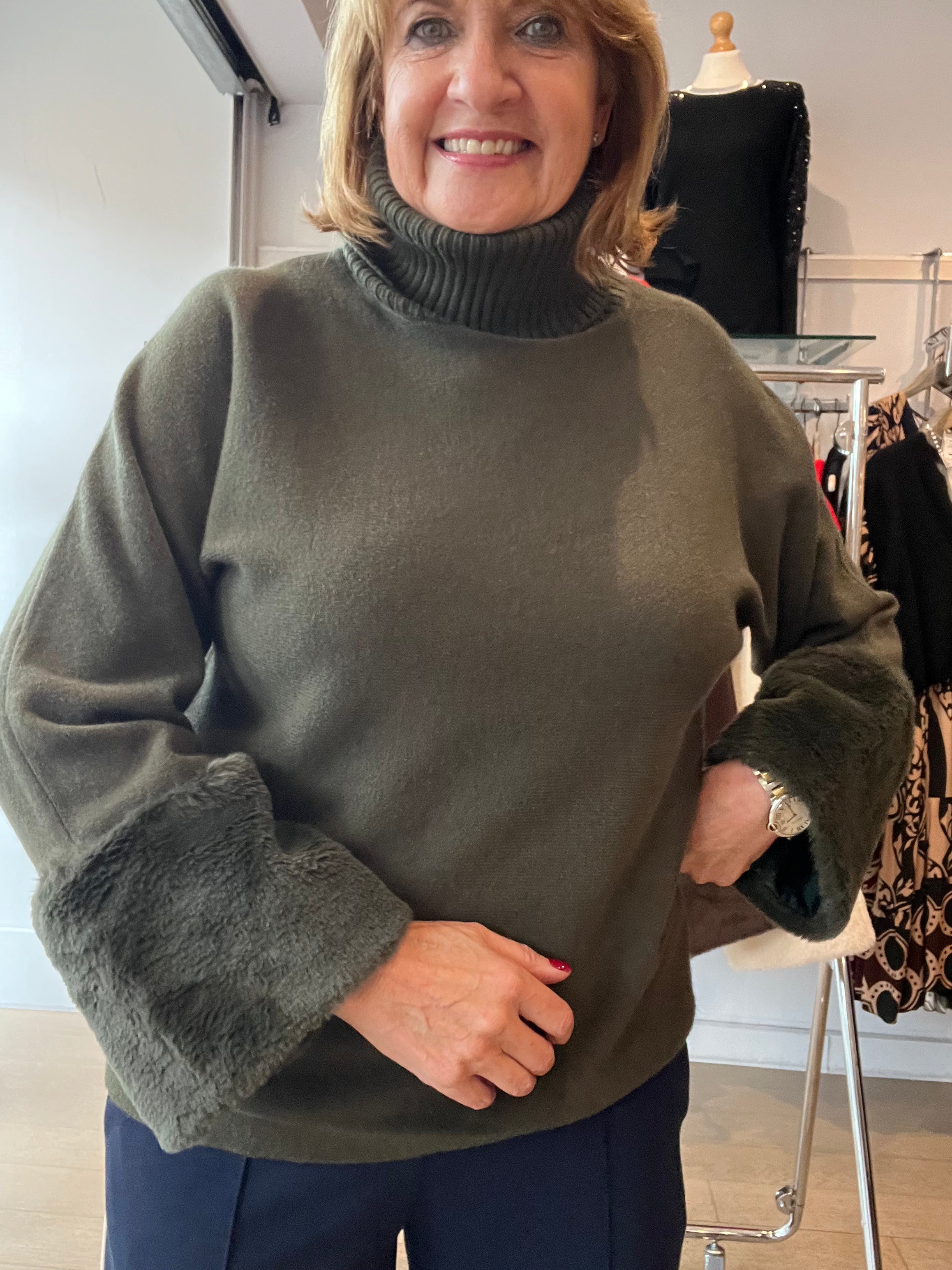 Fur Sleeve Knit with Rib Neck
