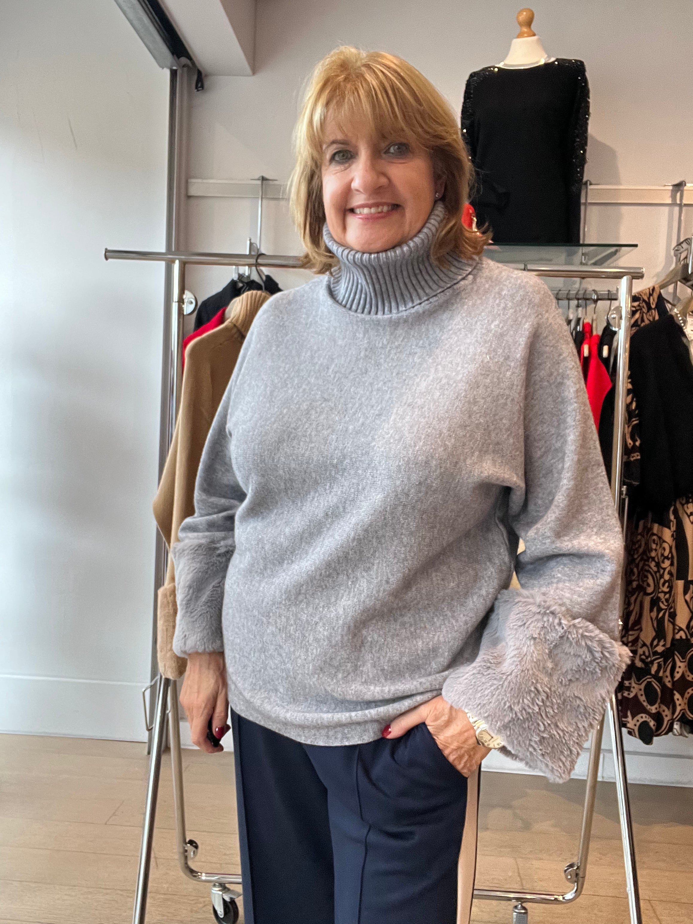 Fur Sleeve Knit with Rib Neck