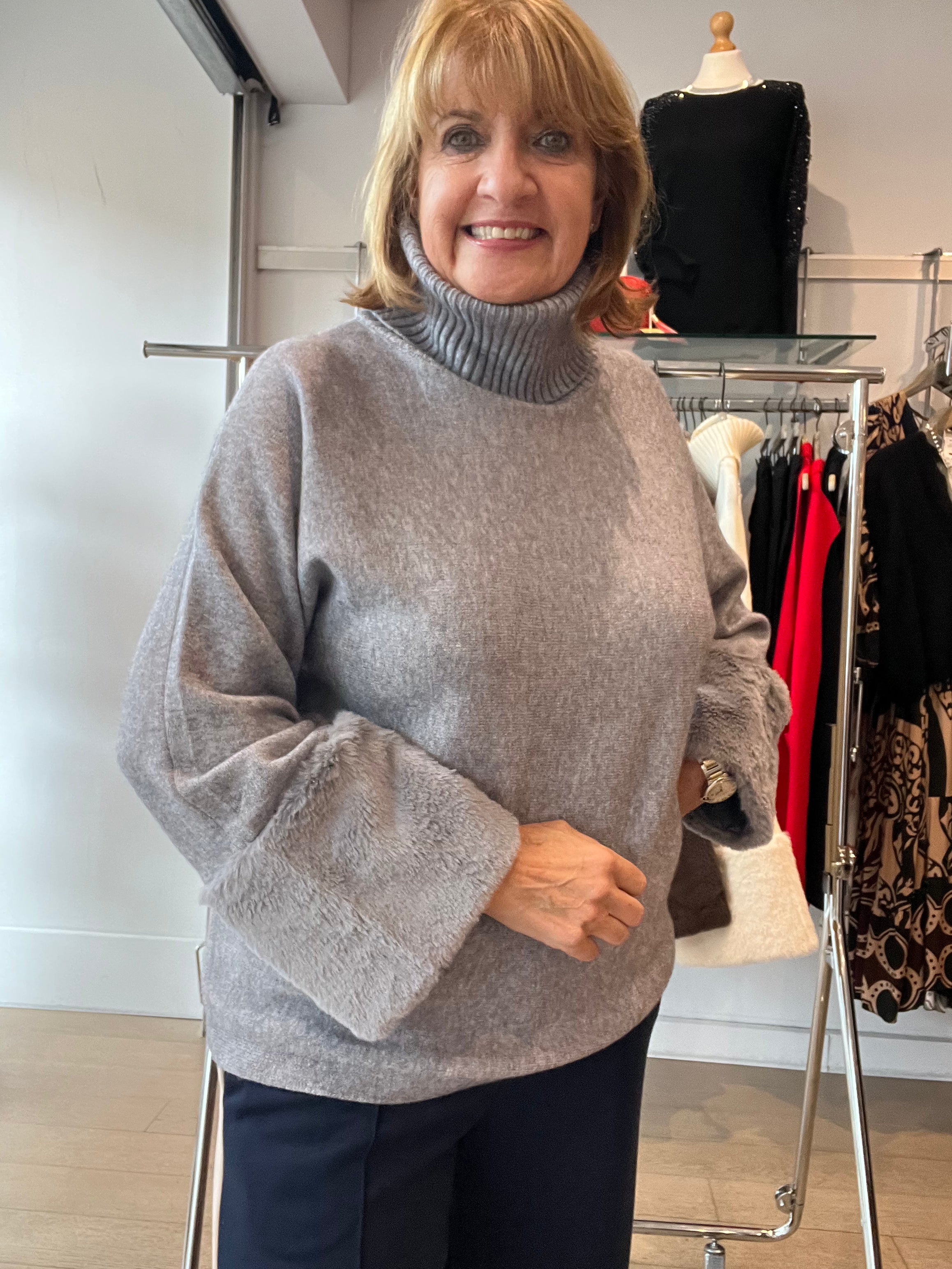 Fur Sleeve Knit with Rib Neck