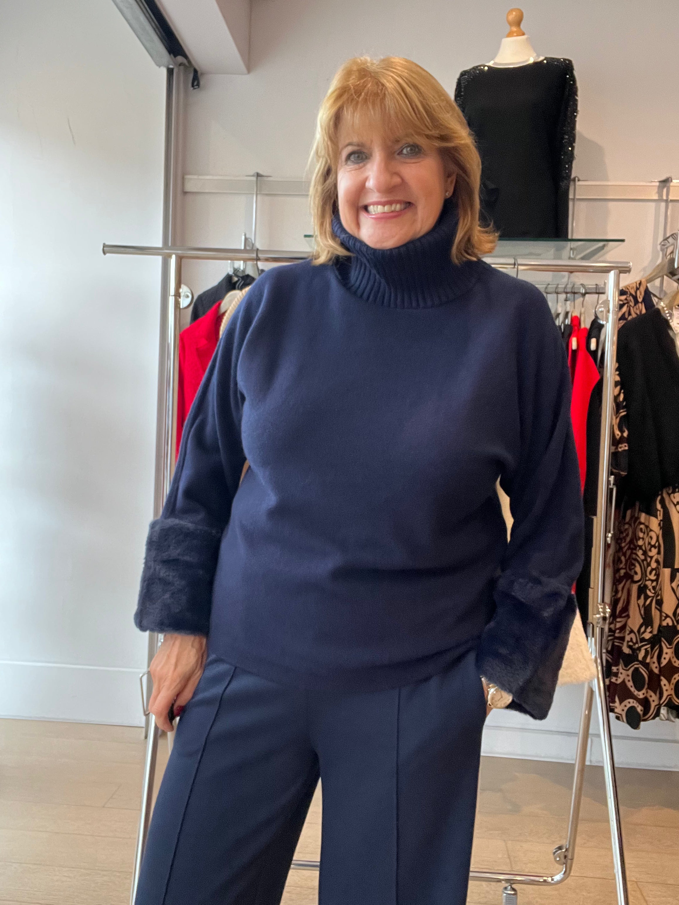 Fur Sleeve Knit with Rib Neck