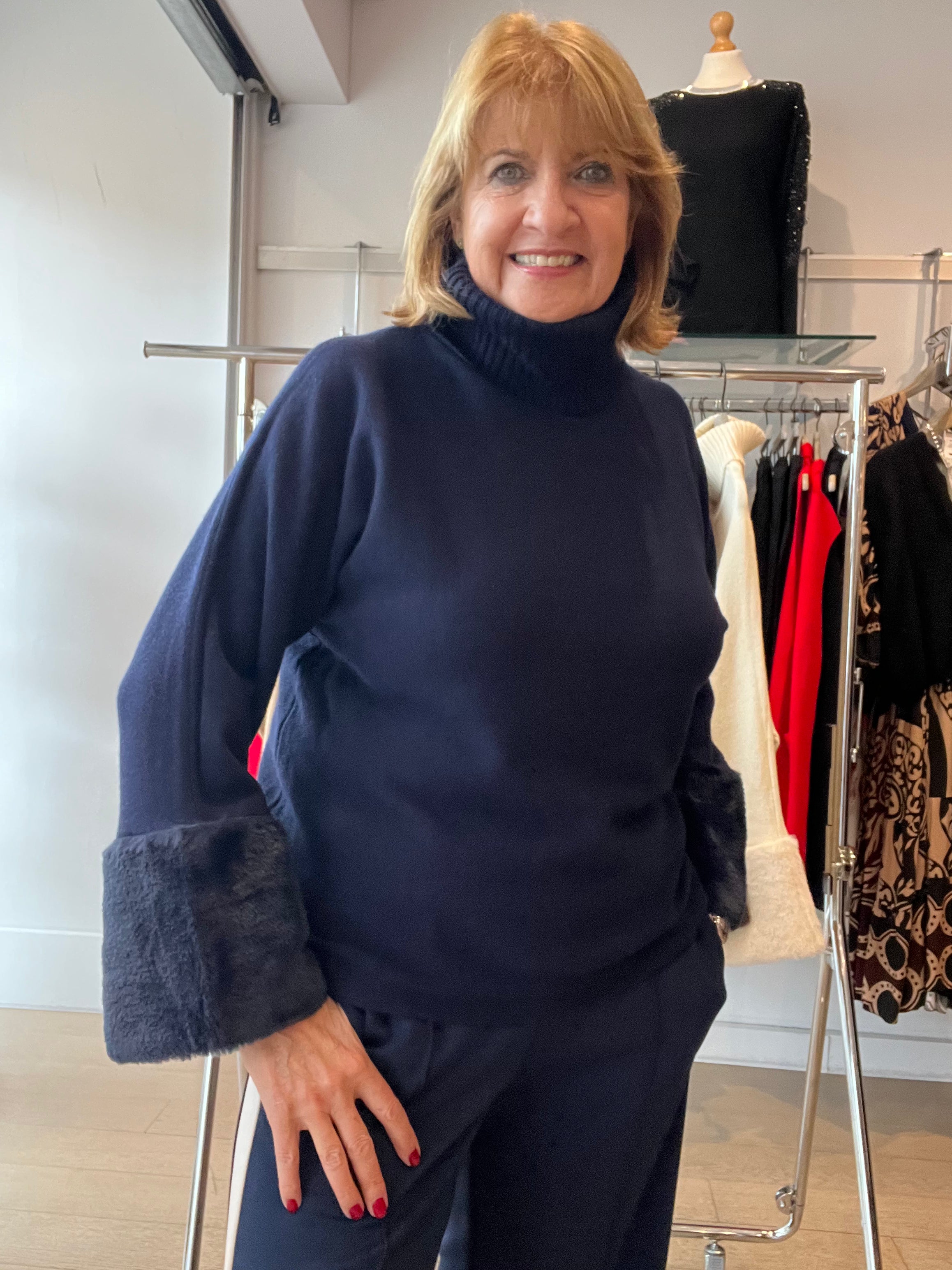 Fur Sleeve Knit with Rib Neck
