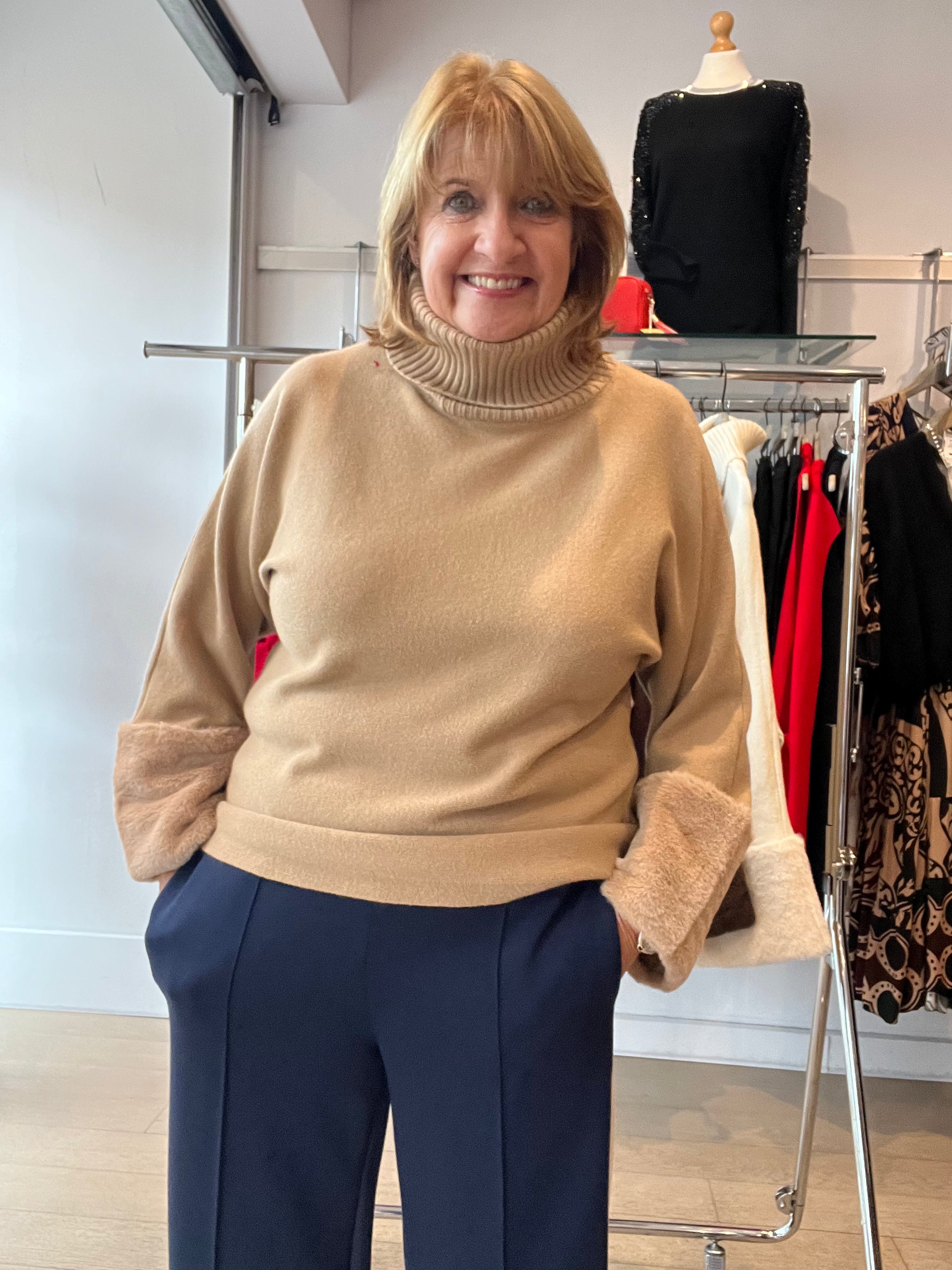 Fur Sleeve Knit with Rib Neck