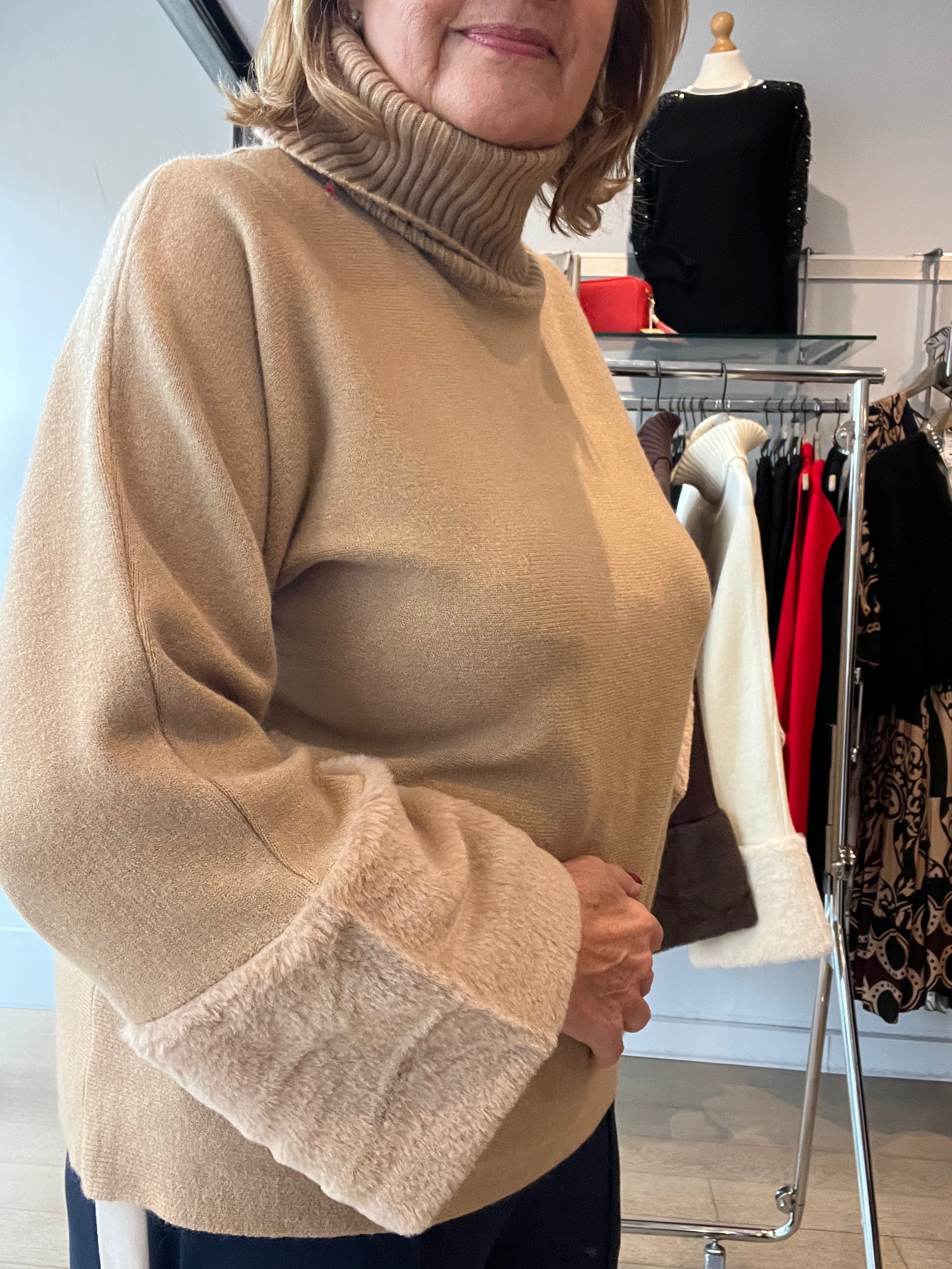 Fur Sleeve Knit with Rib Neck