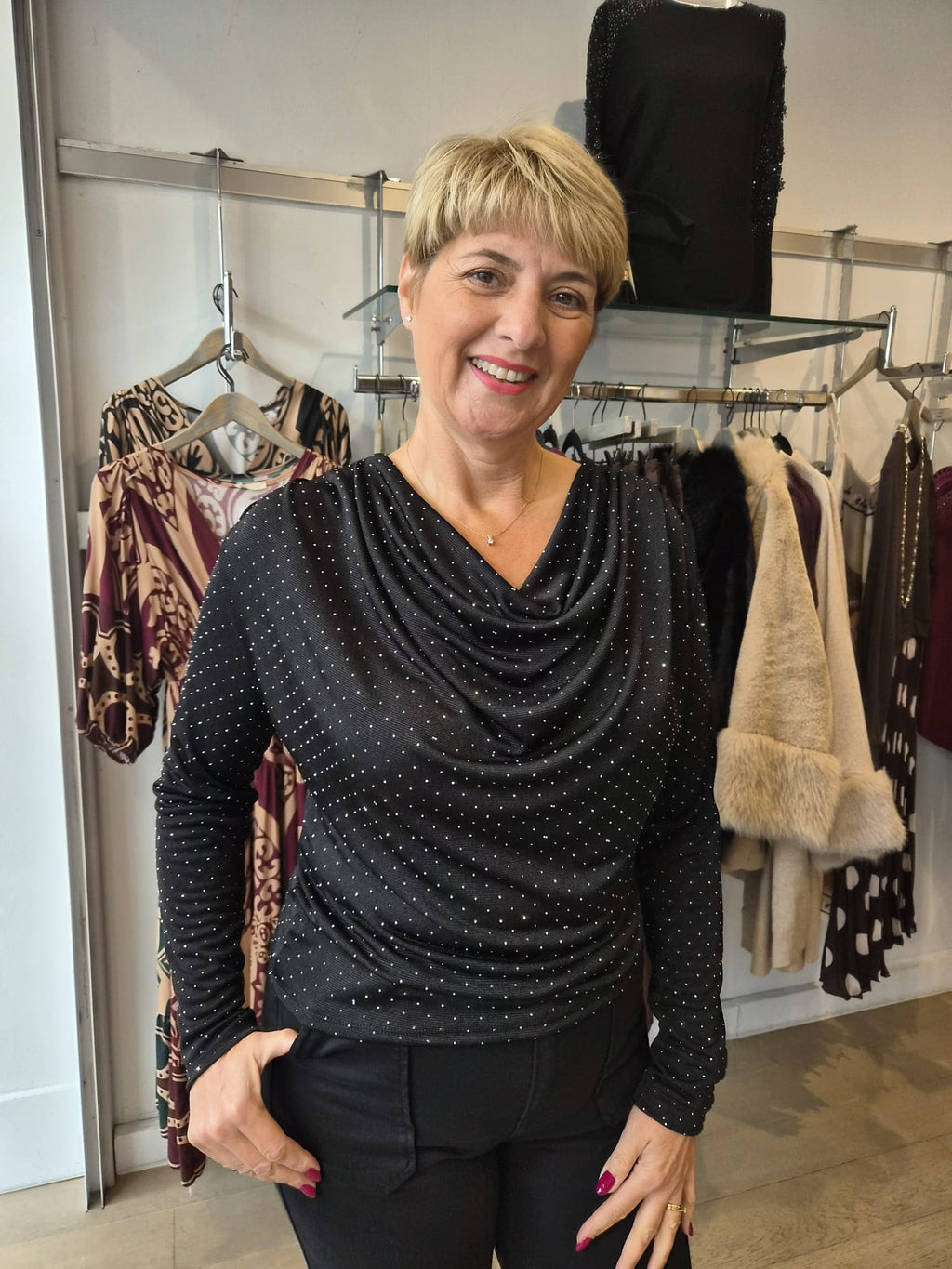 Jade Jersey Cowl Neck Diamanté Top