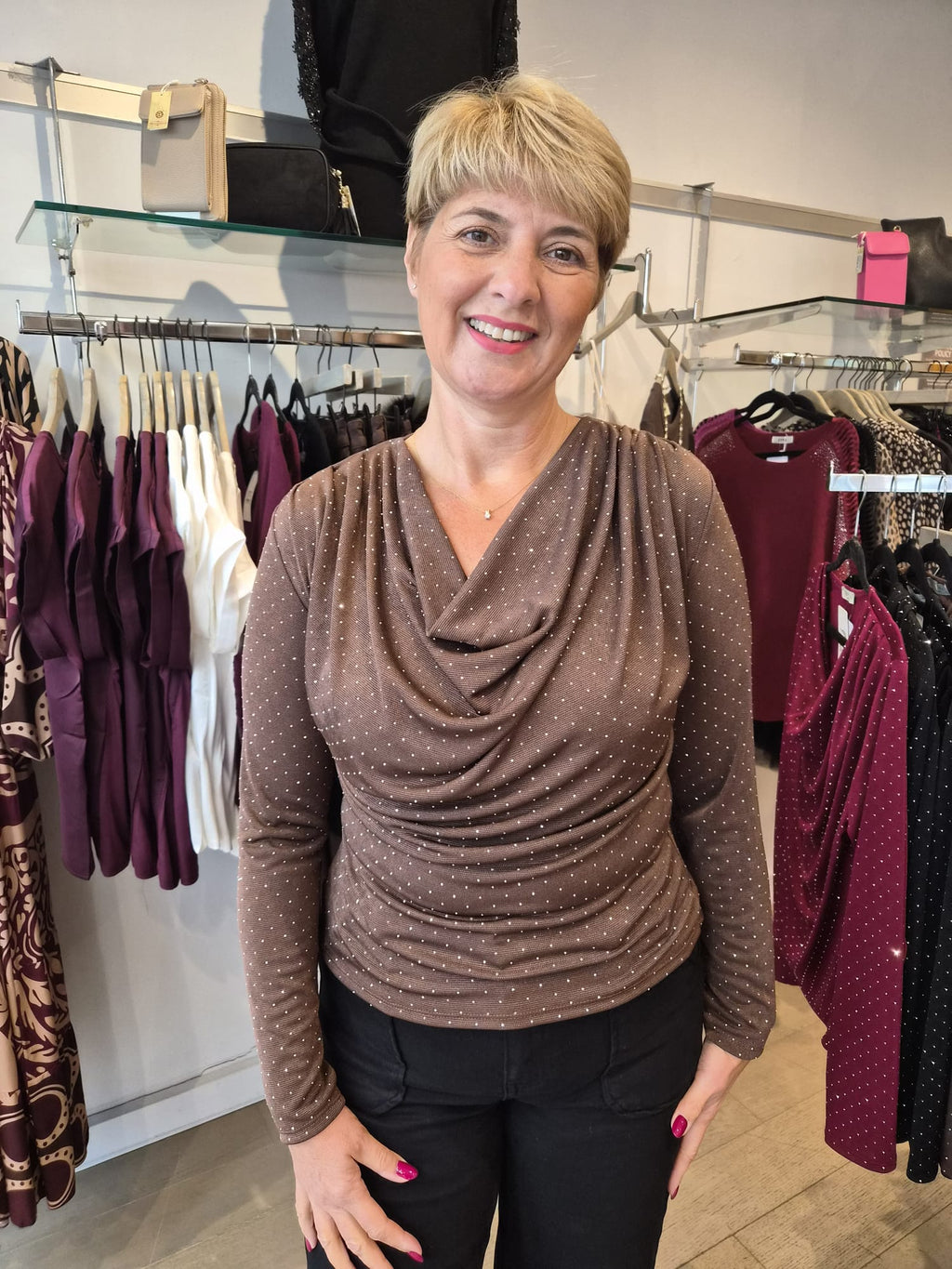 Jade Jersey Cowl Neck Diamanté Top