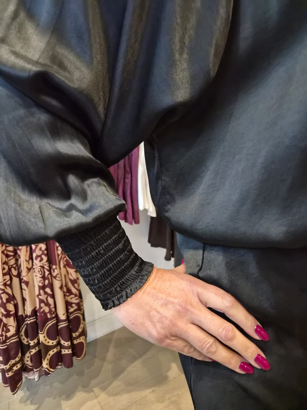 Sasha Satin Sheered Cuff Top