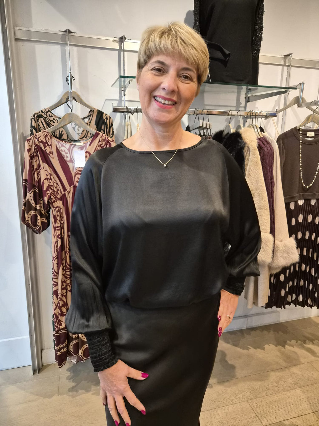 Sasha Satin Sheered Cuff Top