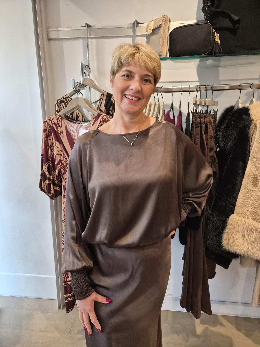 Sasha Satin Sheered Cuff Top