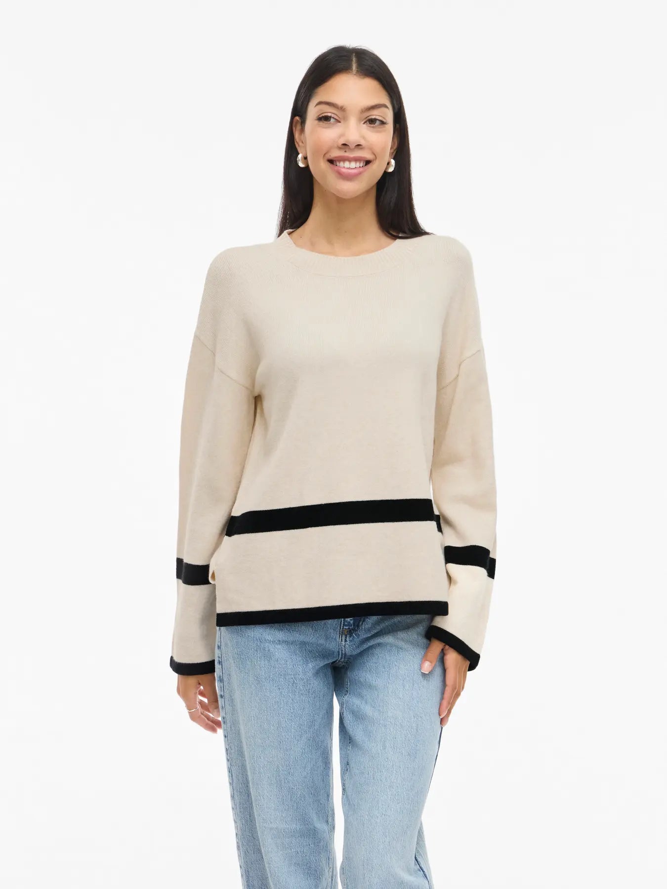 Vila Viril Round Neck Knit top with Contrast Stripes