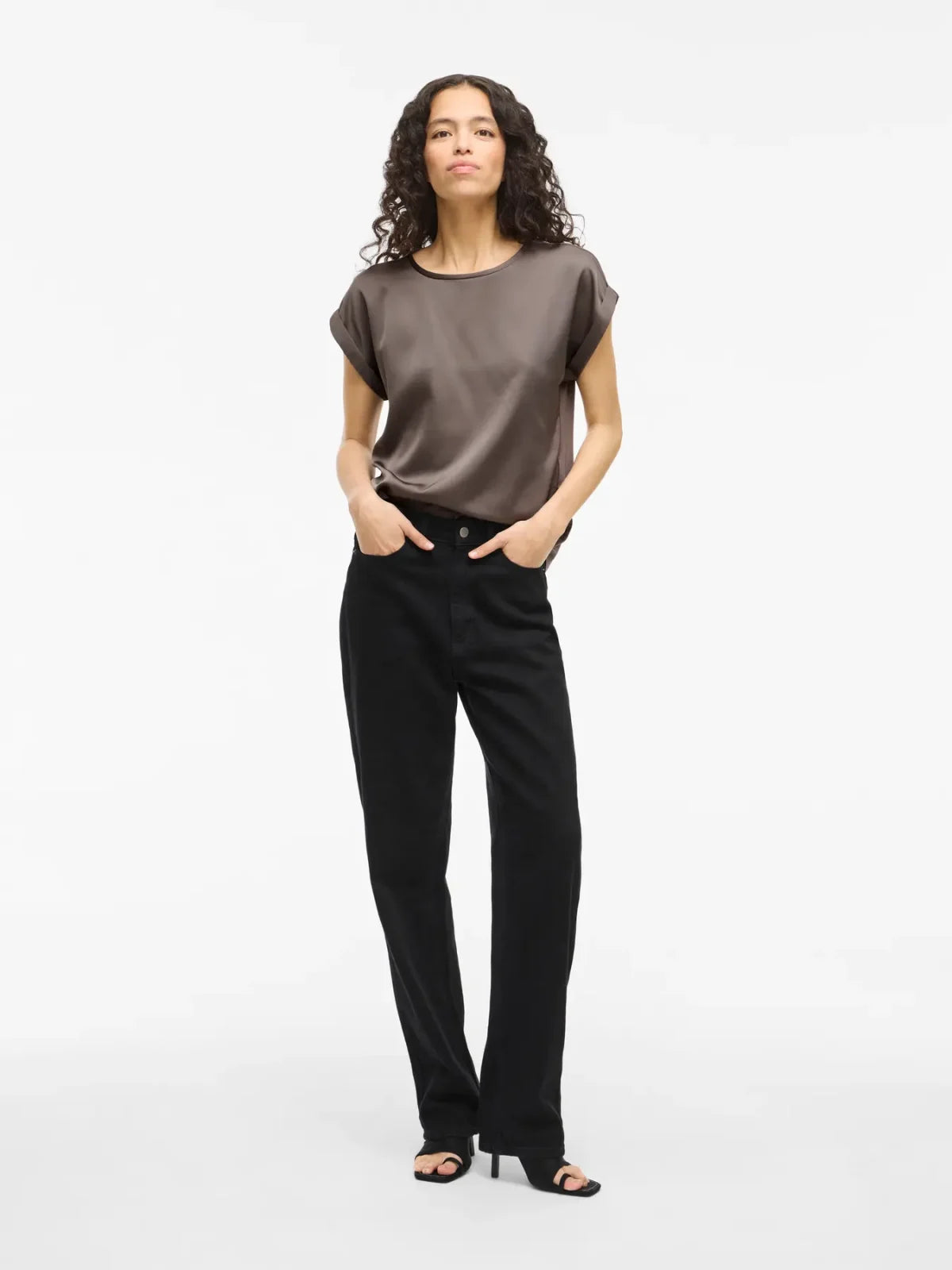 Vila Viellette Satin Front Top with Jersey Back - CHOCOLATE, 38/10 image