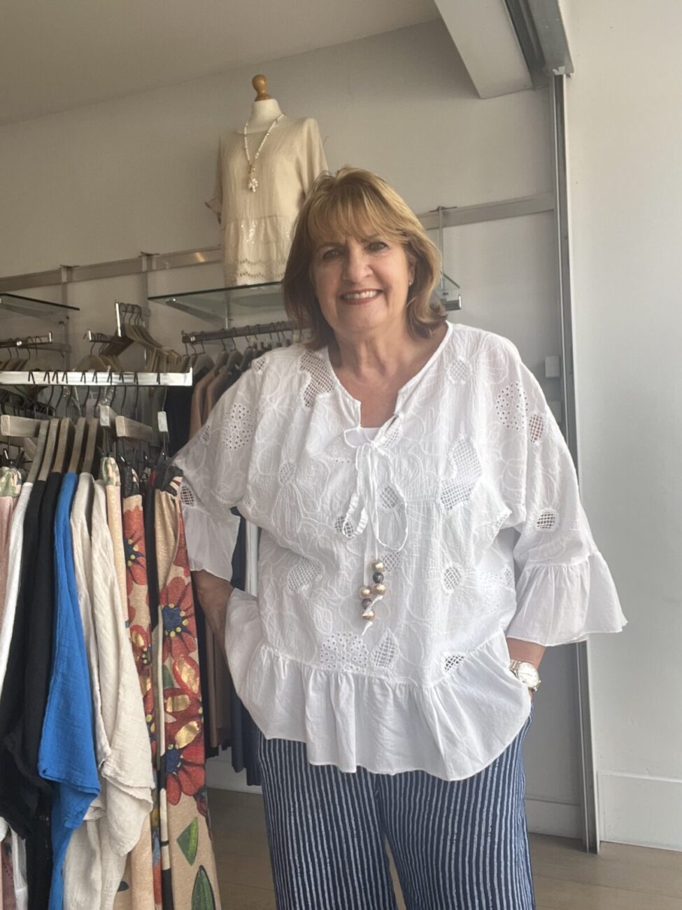 Embroidered Anglais 3/4 Sleeve Top with Ties and Beads image 3