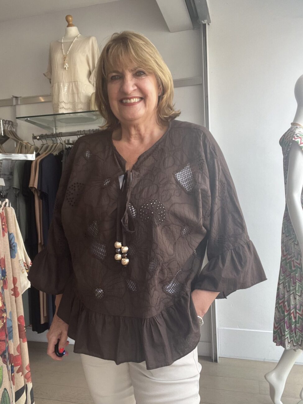 Embroidered Anglais 3/4 Sleeve Top with Ties and Beads image 6