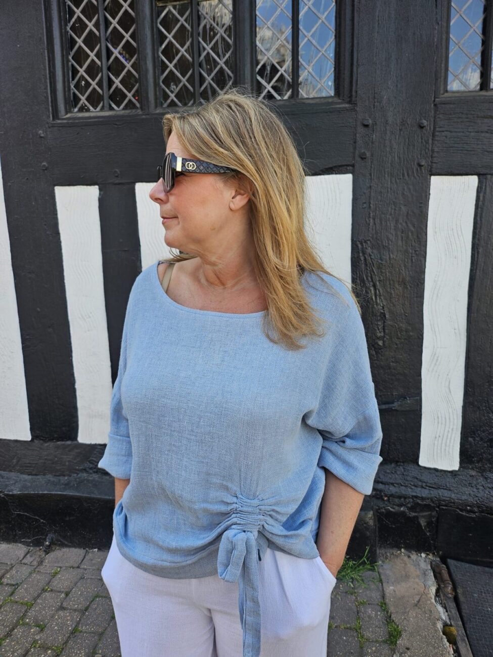 Linen Mix Top with Ruched Detail and 3/4 Sleeves image 6