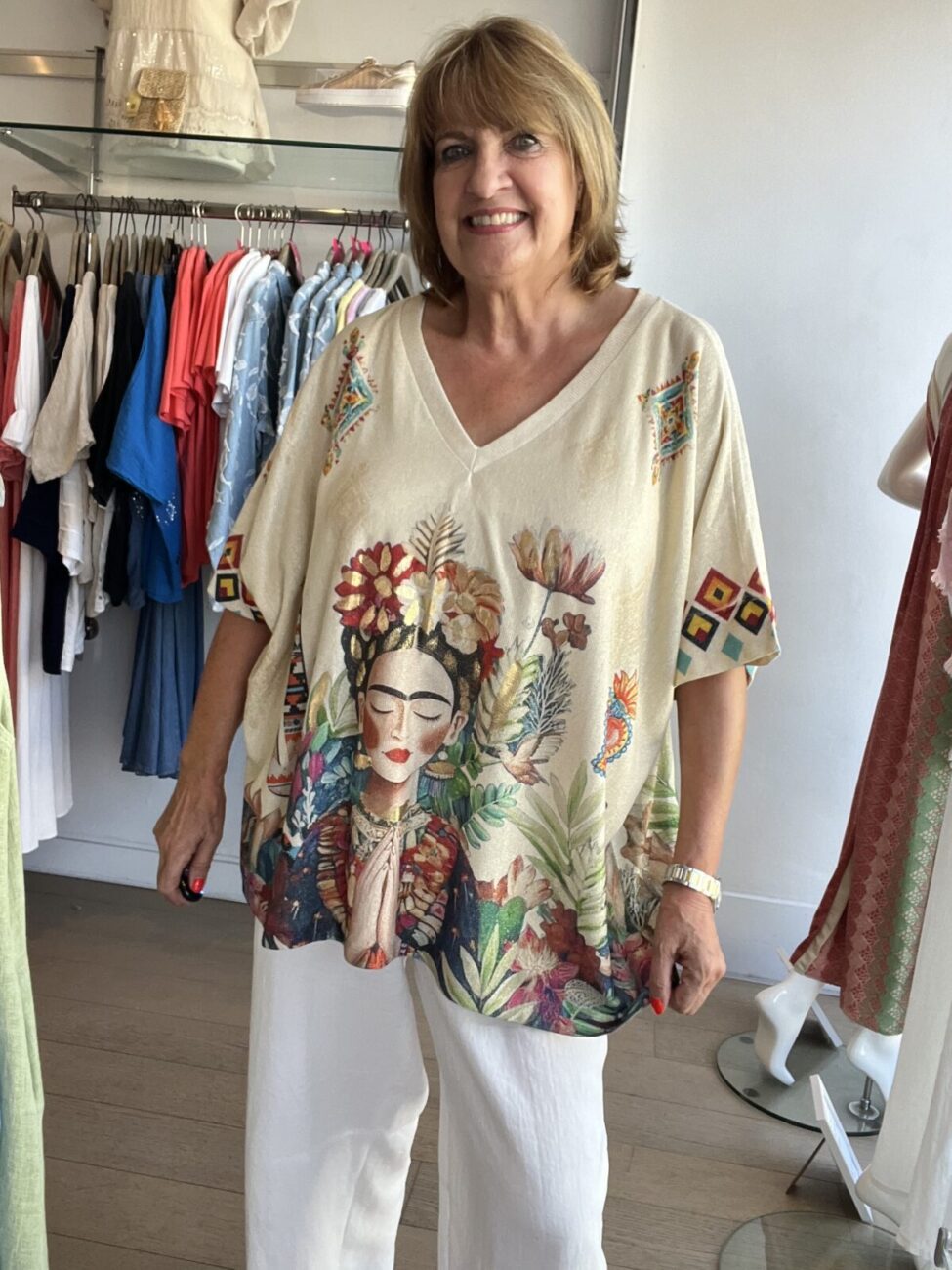 Lurex Jersey Art Printed Oversized V Neck Top image 2