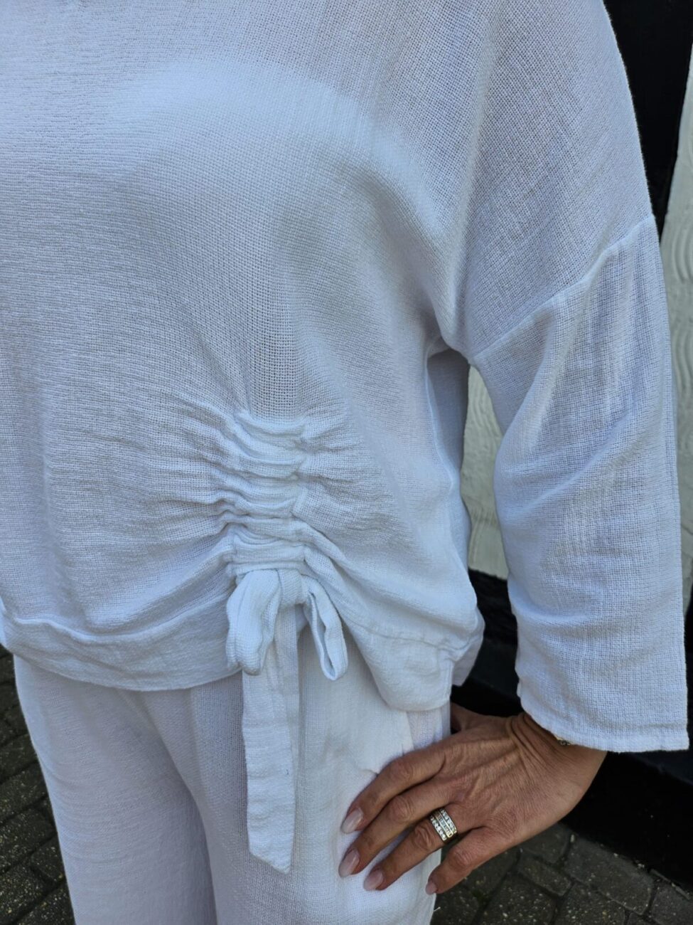 Linen Mix Top with Ruched Detail and 3/4 Sleeves image 2