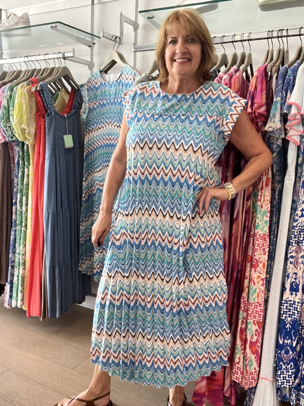 Geometric Pleated Print Dress - Blue, ONESIZE image