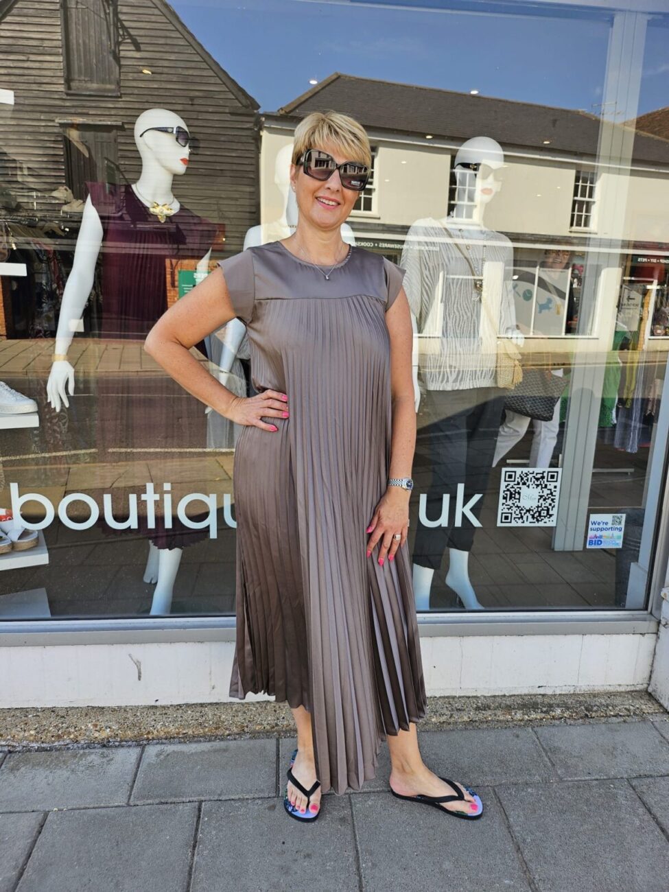 Polly Pleated Satin Midi Swing Dress - Mocha, ONESIZE image